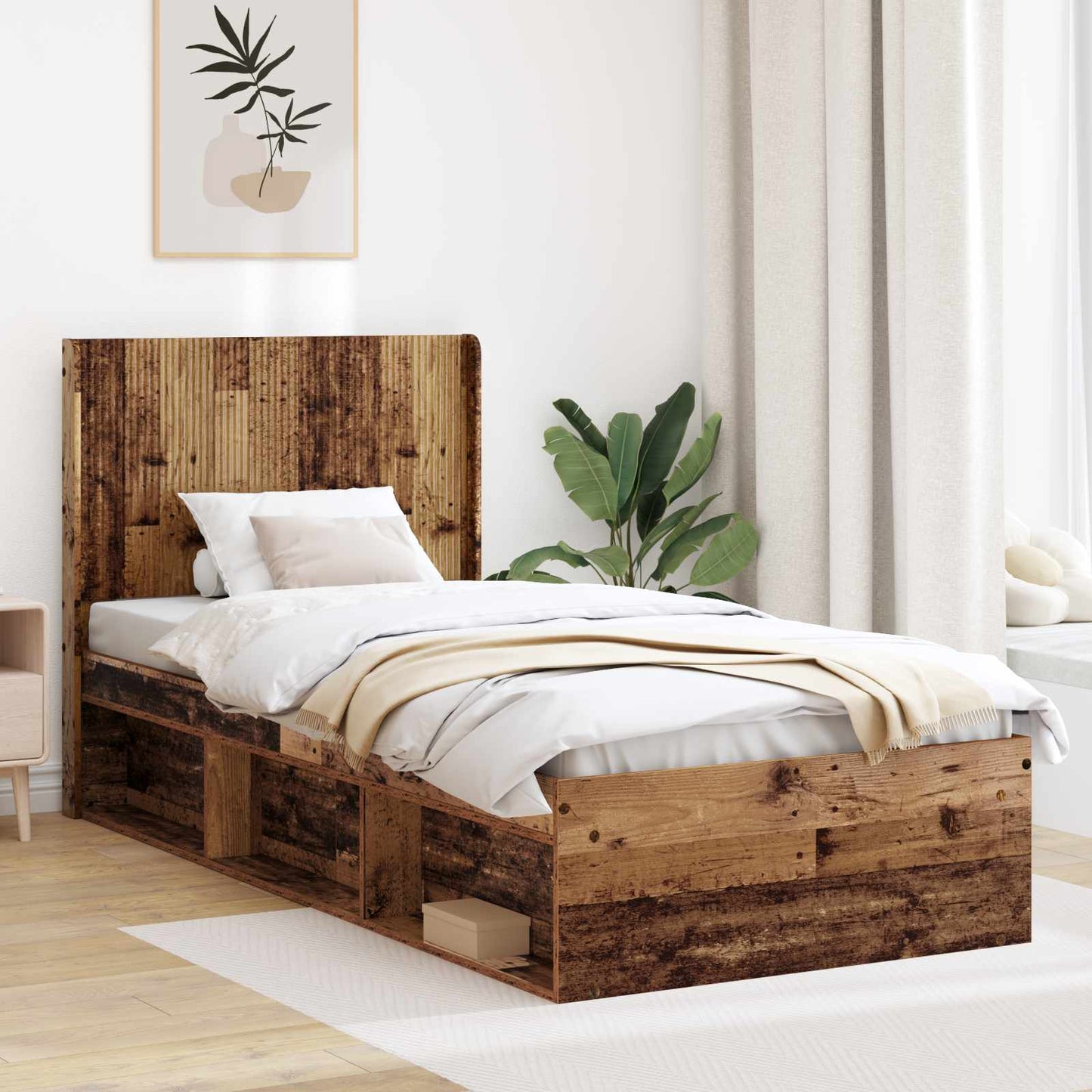 Bed Frame with Storage and Headboard Old Wood 90 x 190 cm