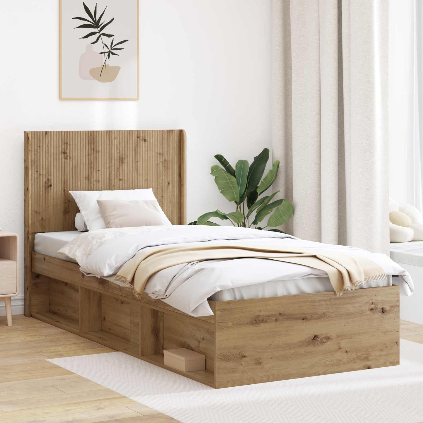Bed Frame with Storage and Headboard Artisan Oak 75 x 190 cm