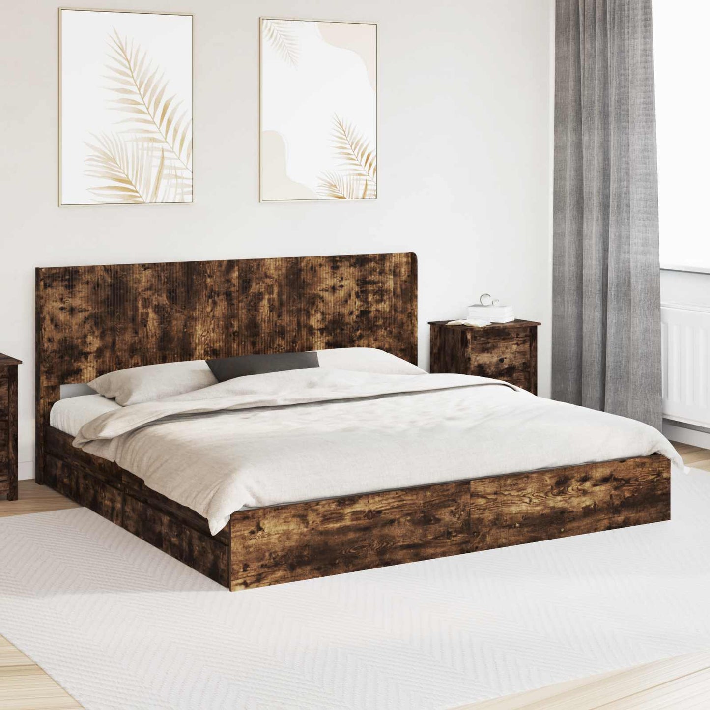 Bed Frame with Storage and Headboard Smoked Oak 180 x 200 cm