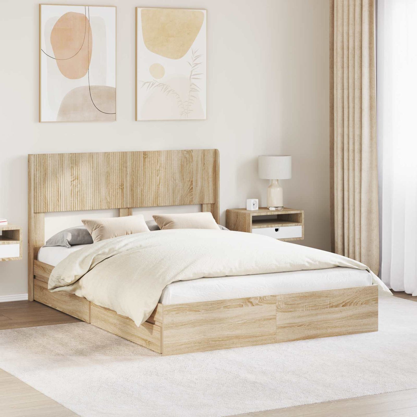 Bed Frame with Storage and Headboard Sonoma Oak 135 x 190 cm
