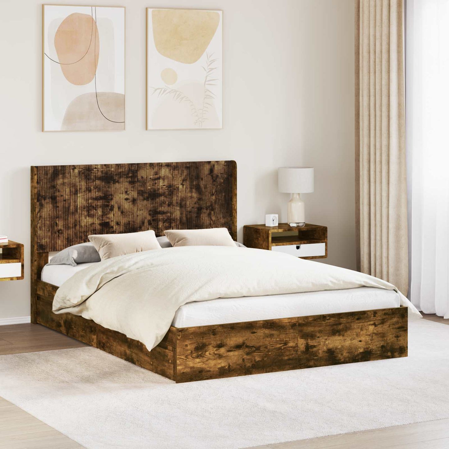 Bed Frame with Storage and Headboard Smoked Oak 135 x 190 cm