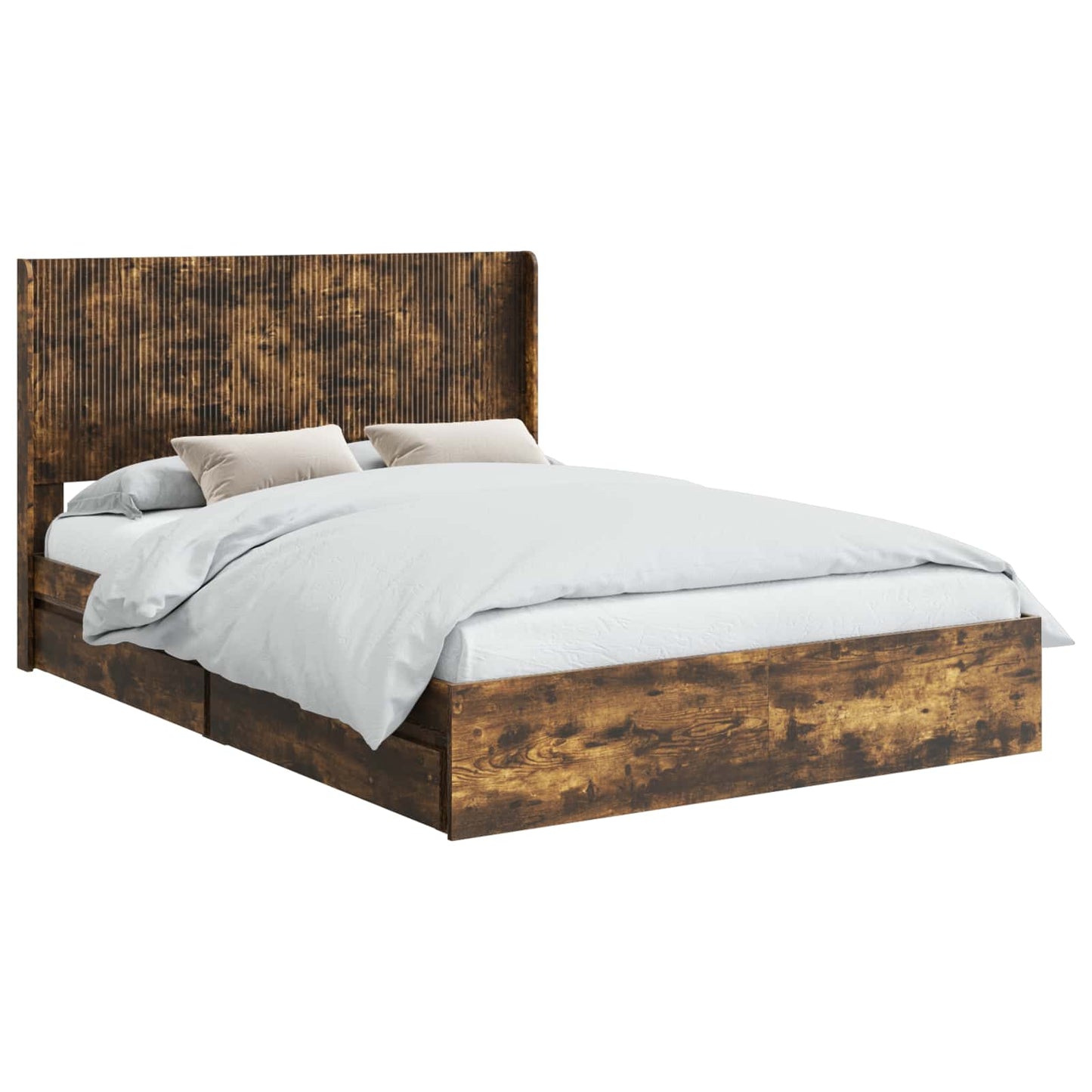 Bed Frame with Storage and Headboard Smoked Oak 135 x 190 cm
