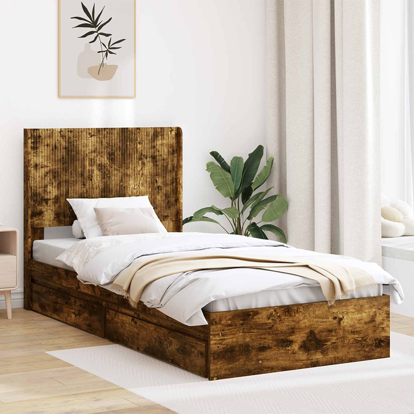 Bed Frame with Storage and Headboard Smoked Oak 100 x 200 cm
