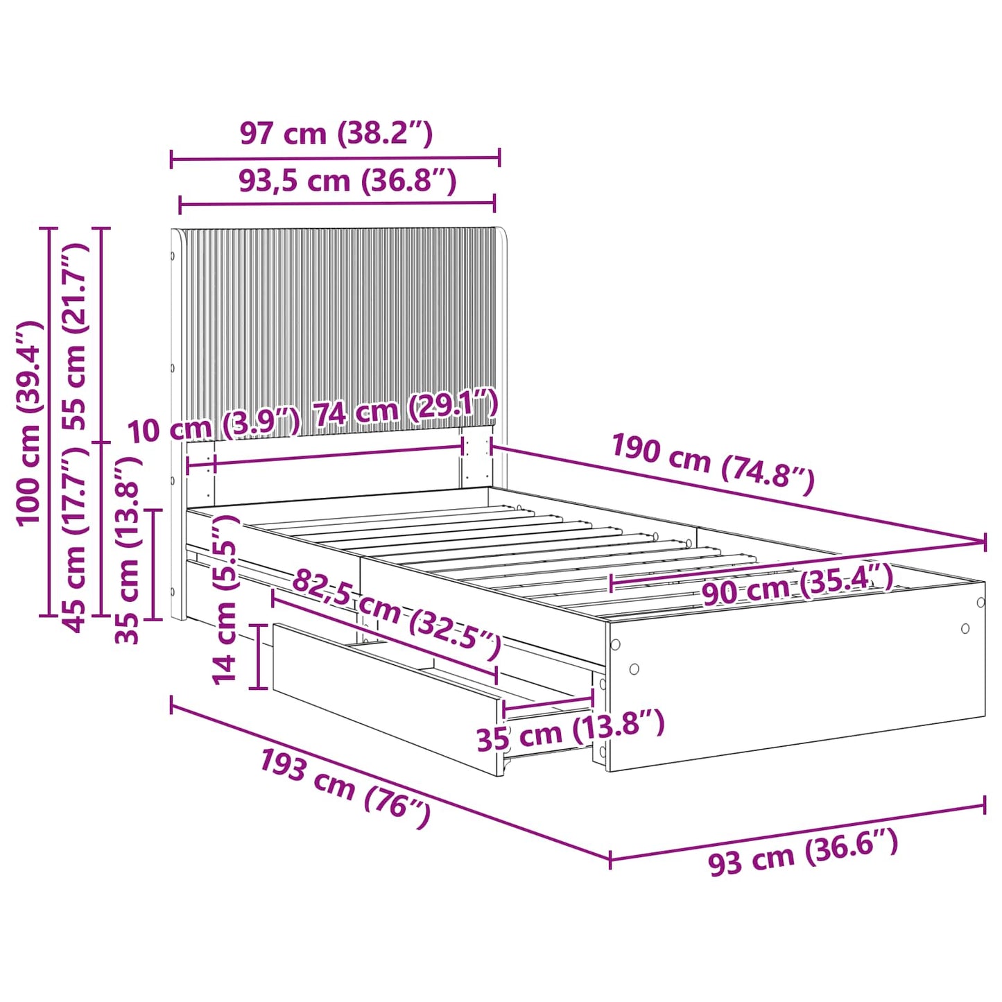 Bed Frame with Storage and Headboard Sonoma Oak 90 x 200 cm