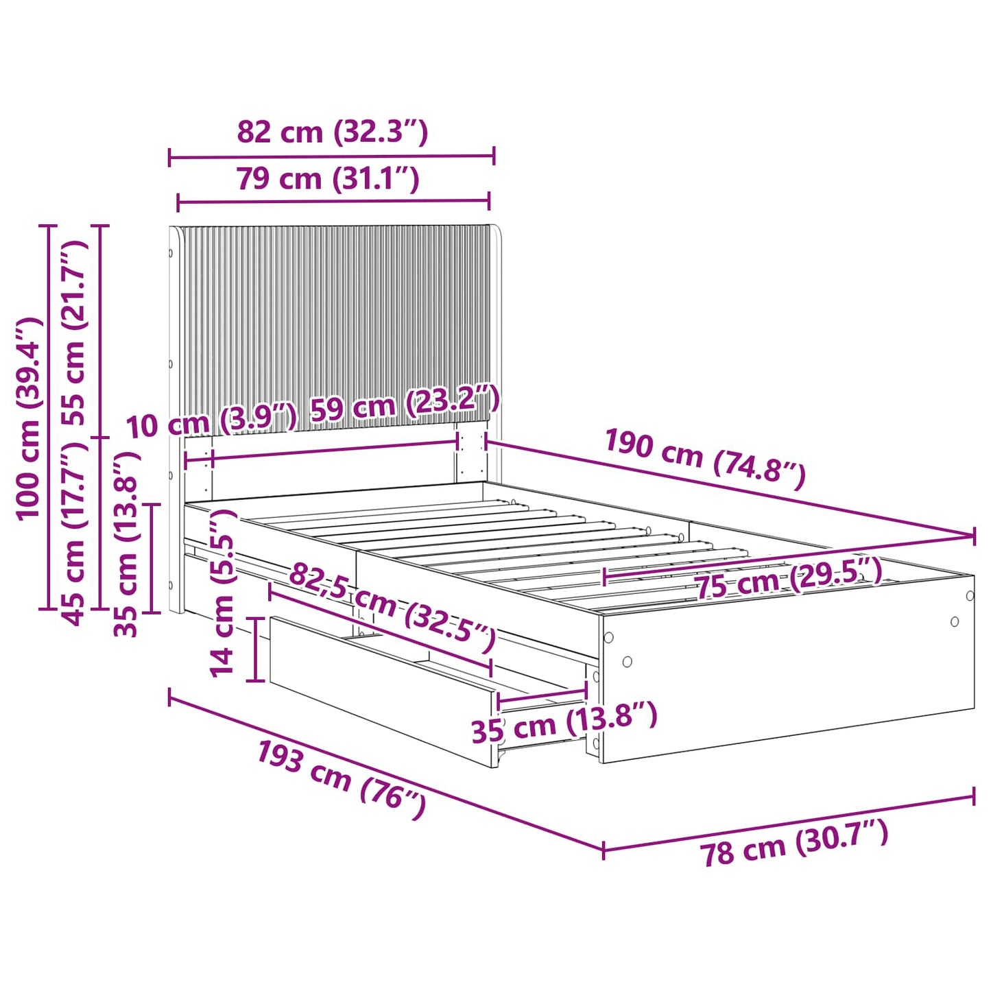 Bed Frame with Storage and Headboard White 75 x 190 cm