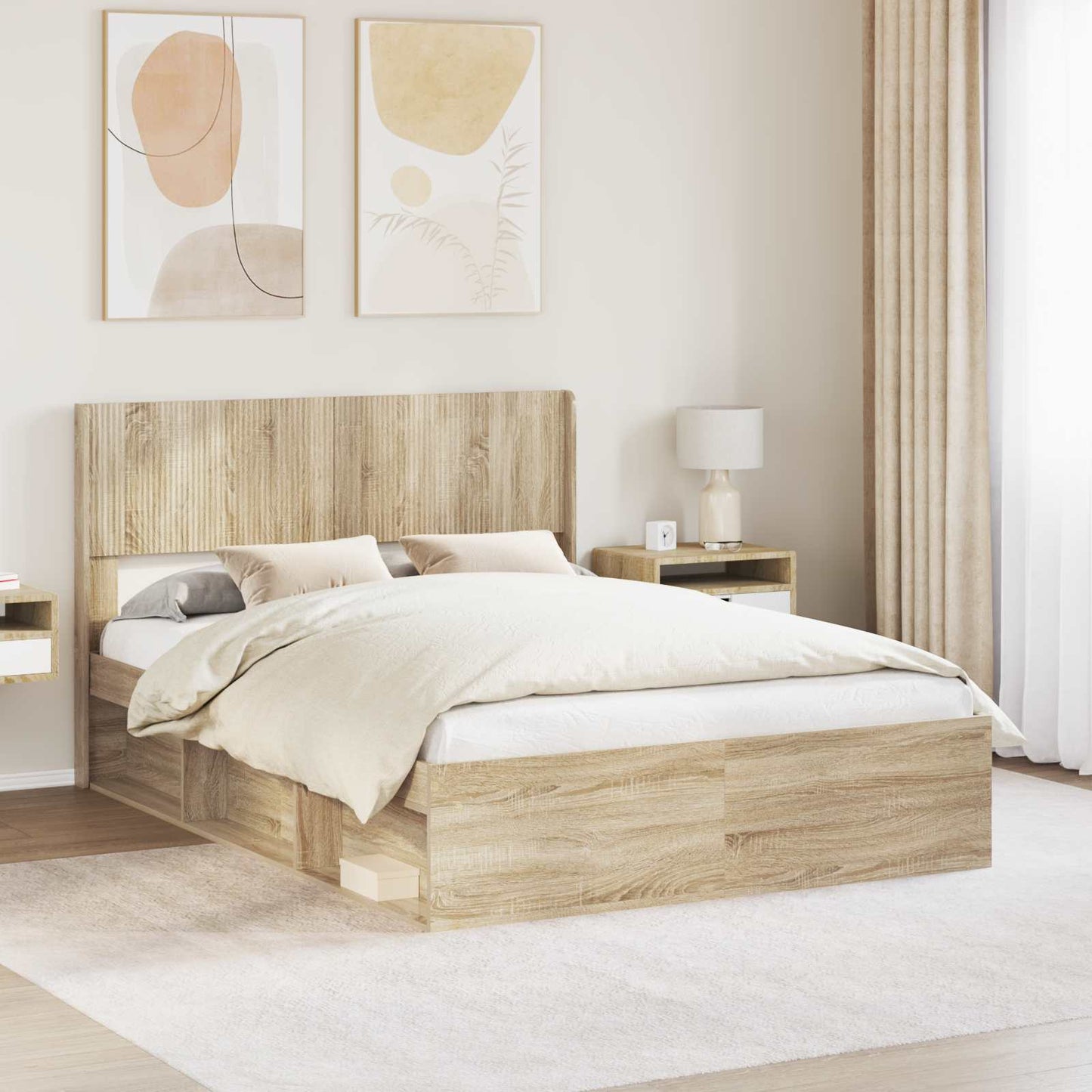 Bed Frame with Storage and Headboard Sonoma Oak 140 x 200 cm