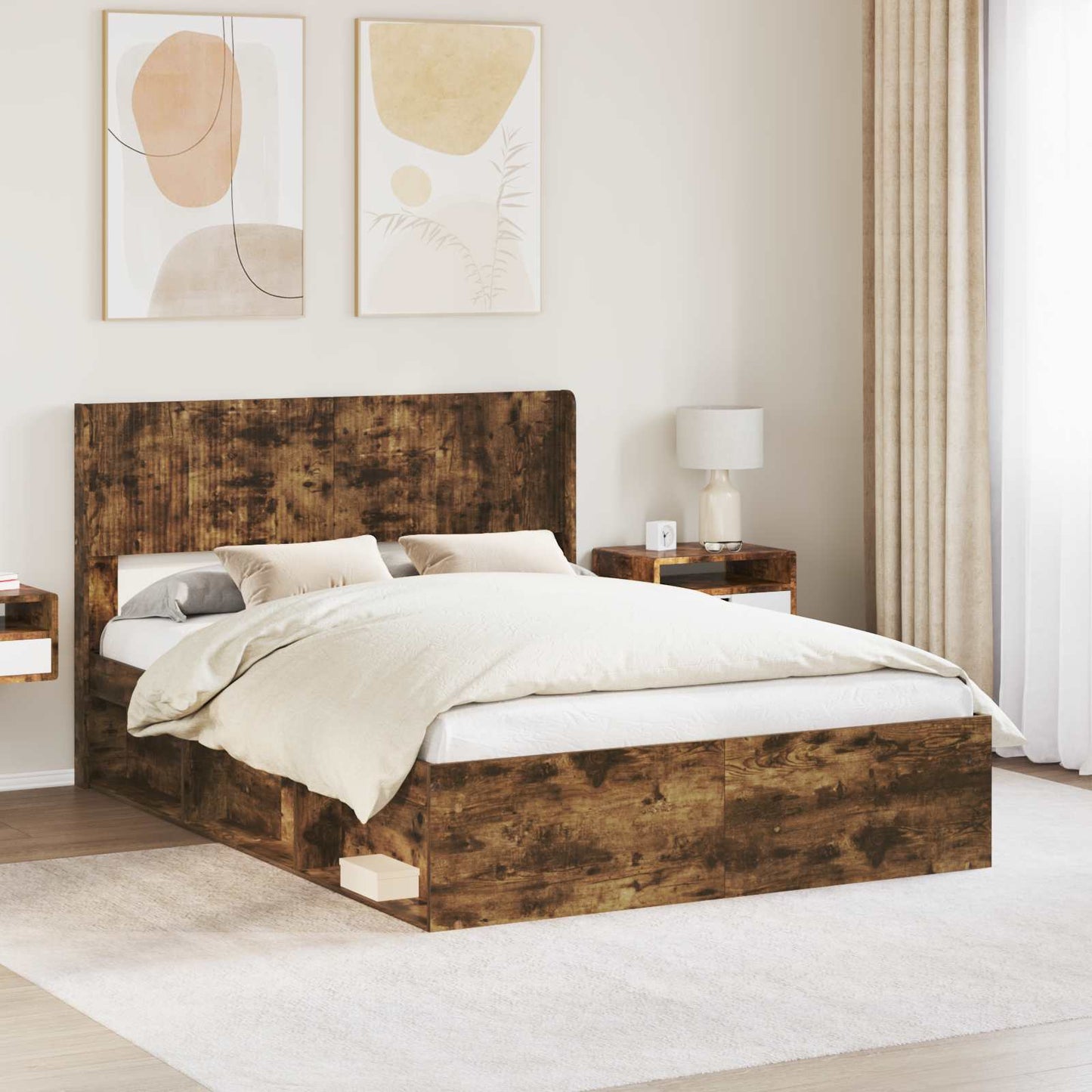Bed Frame with Storage and Headboard Smoked Oak 140 x 190 cm