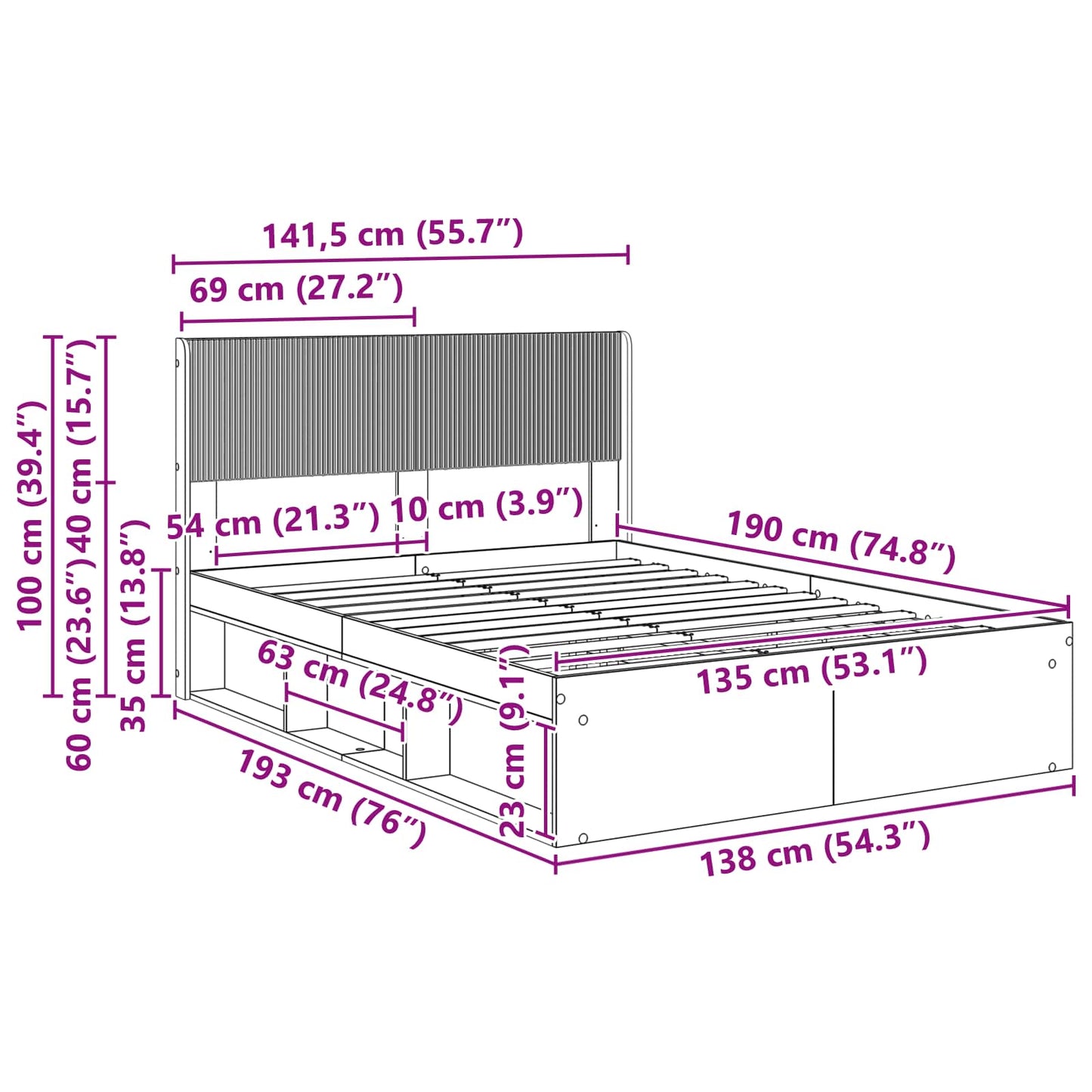 Bed Frame with Storage and Headboard Smoked Oak 135 x 190 cm