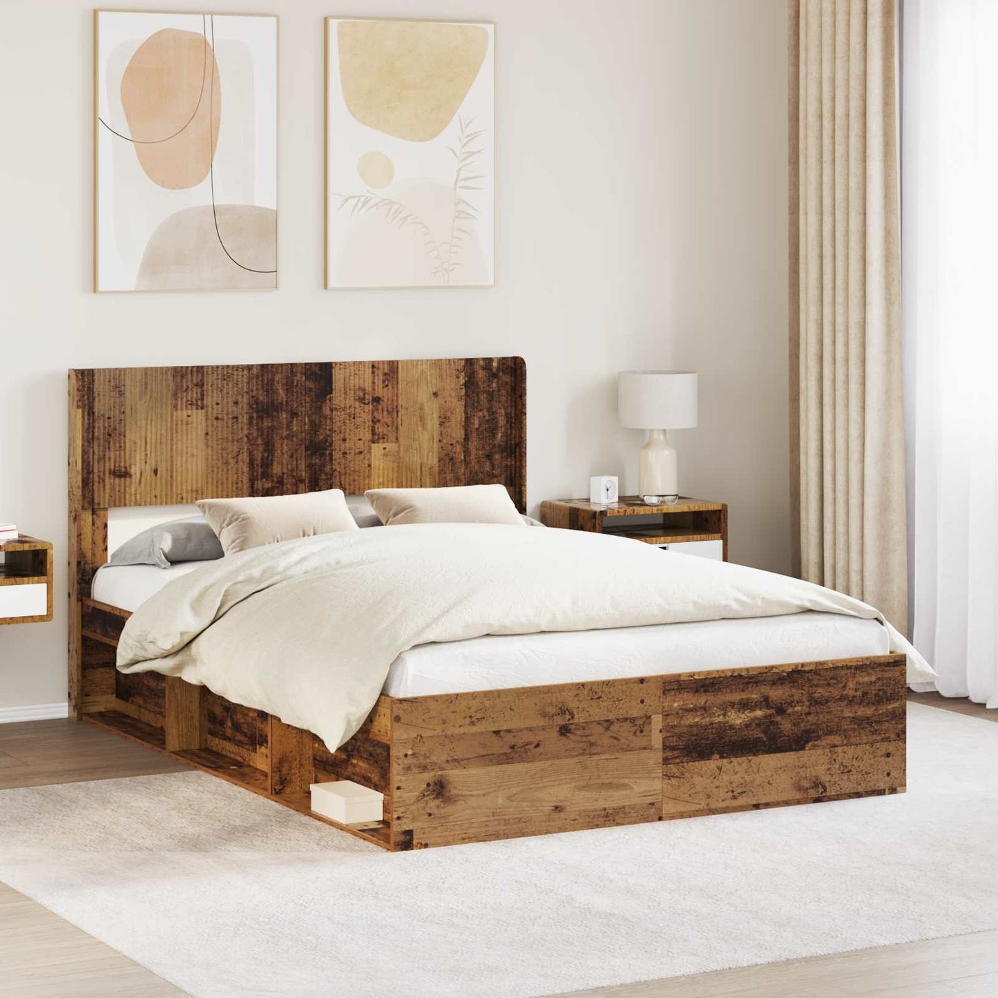 Bed Frame with Storage and Headboard Old Wood 120 x 200 cm