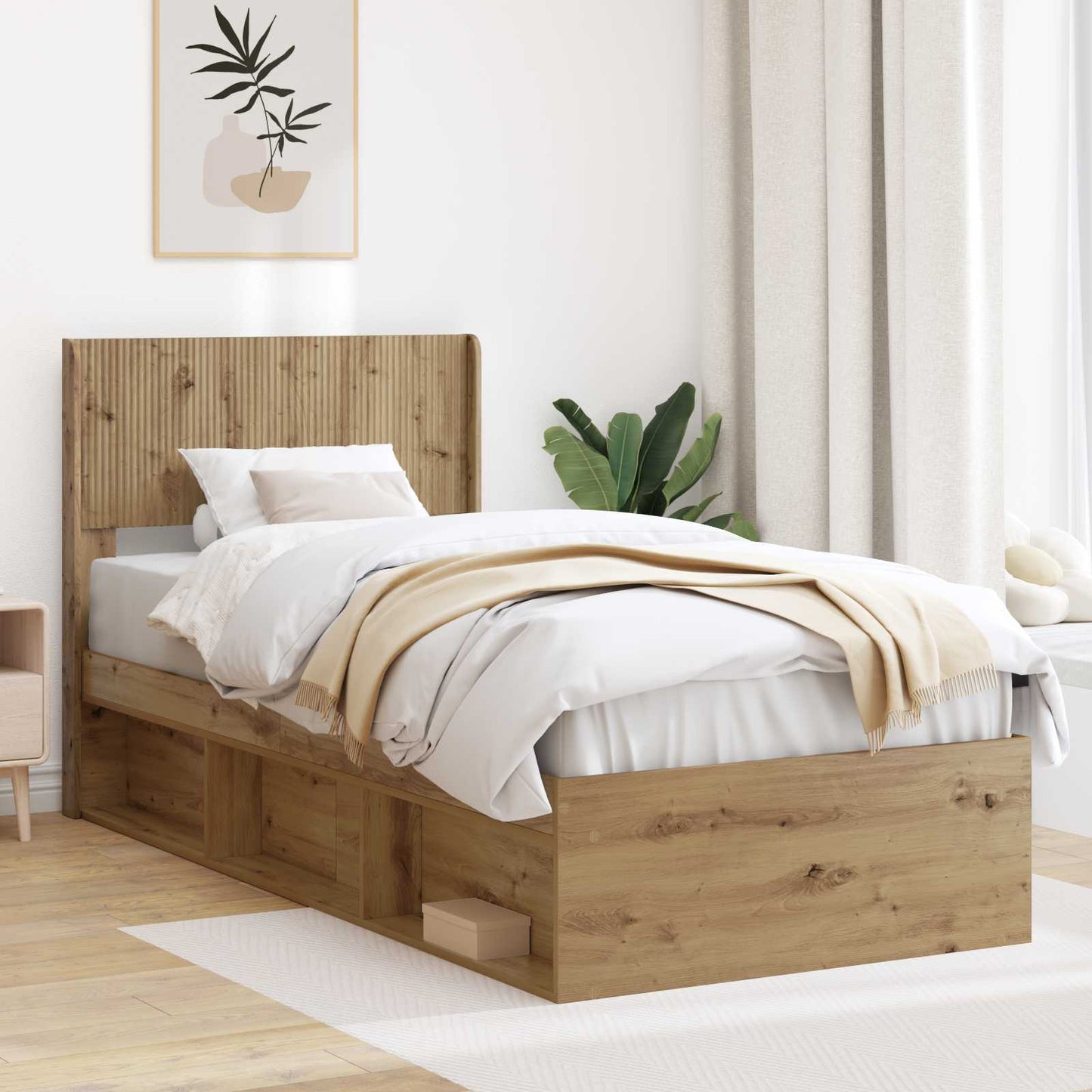 Bed Frame with Storage and Headboard Artisan Oak 100 x 200 cm