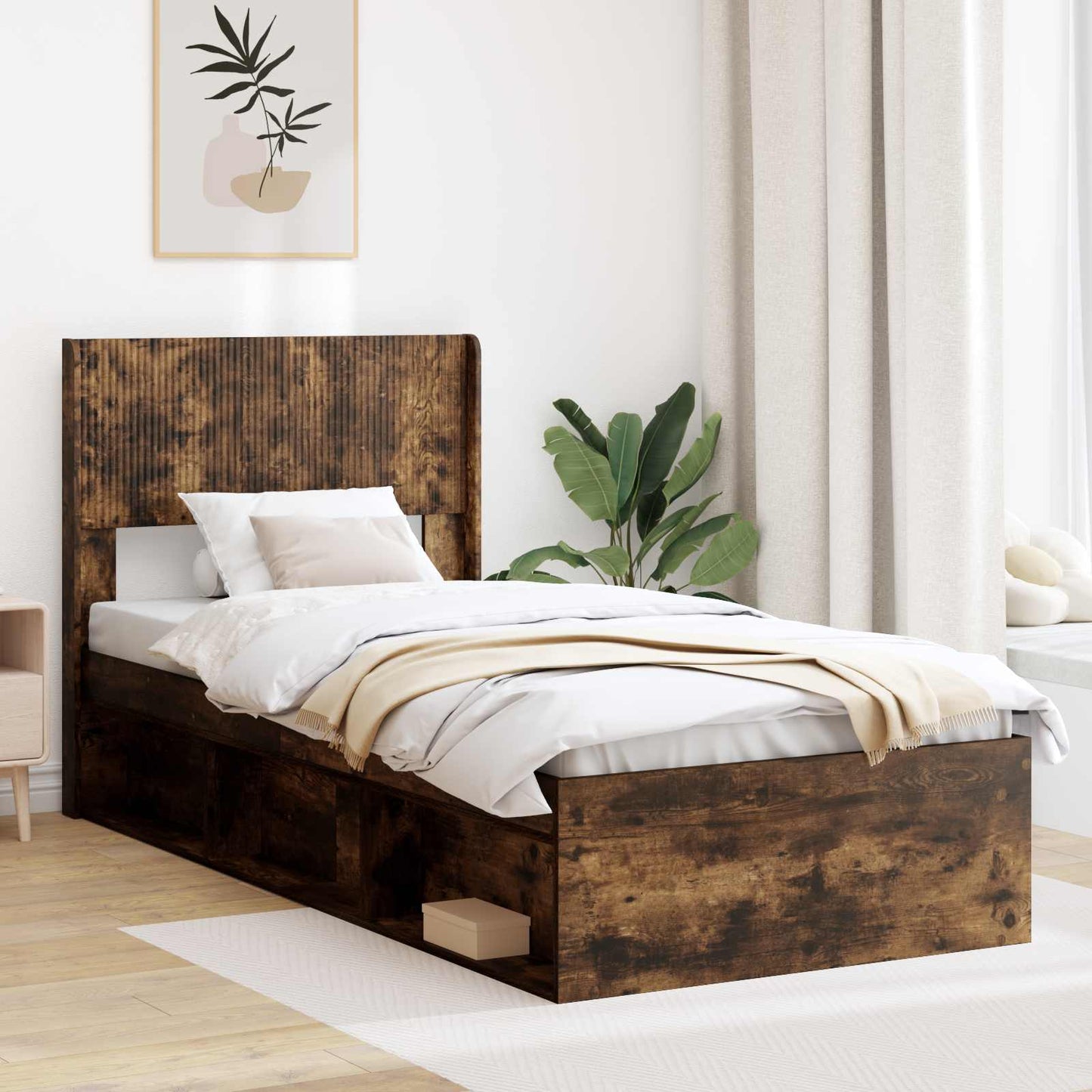 Bed Frame with Storage and Headboard Smoked Oak 90 x 200 cm