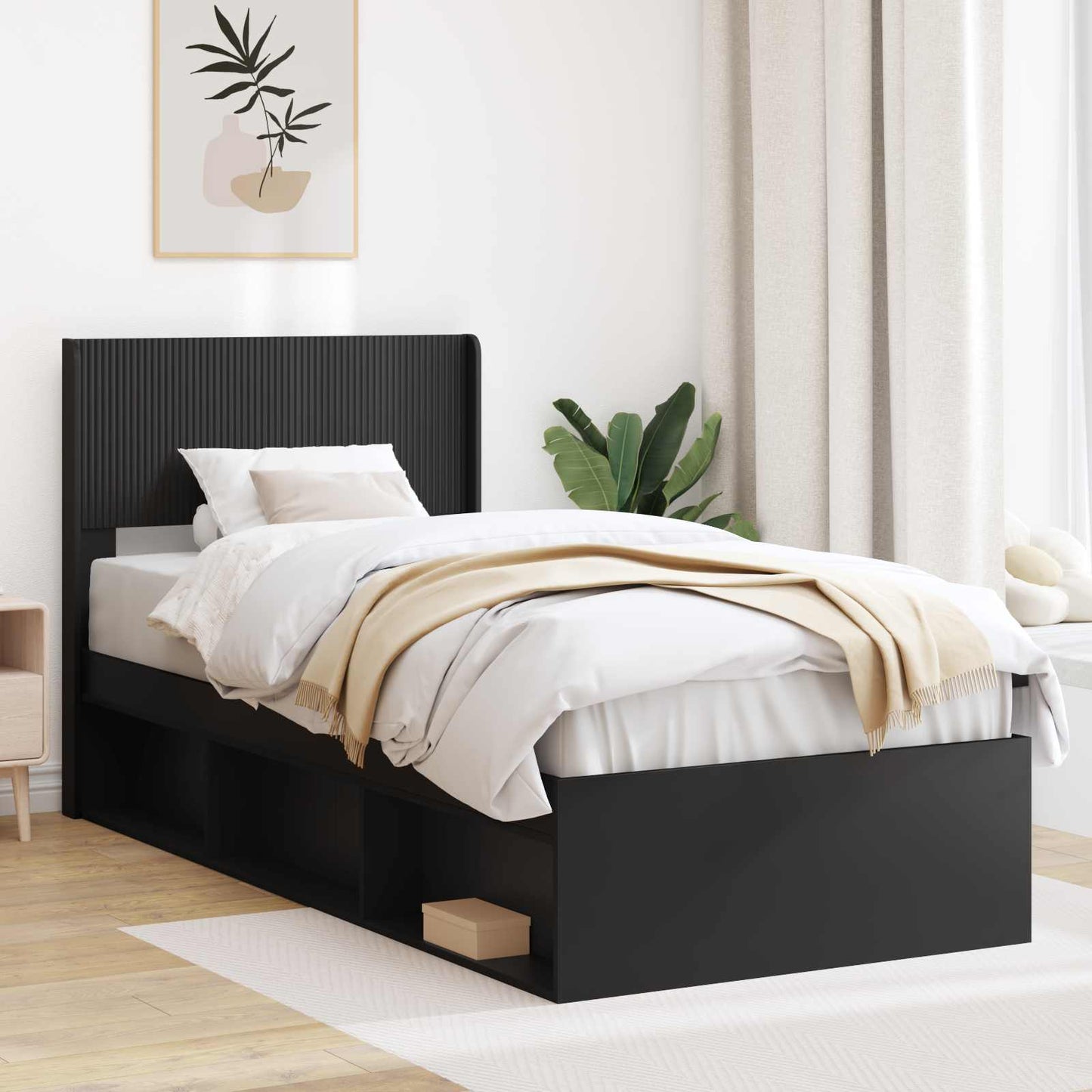 Bed Frame with Storage and Headboard Black 90 x 190 cm