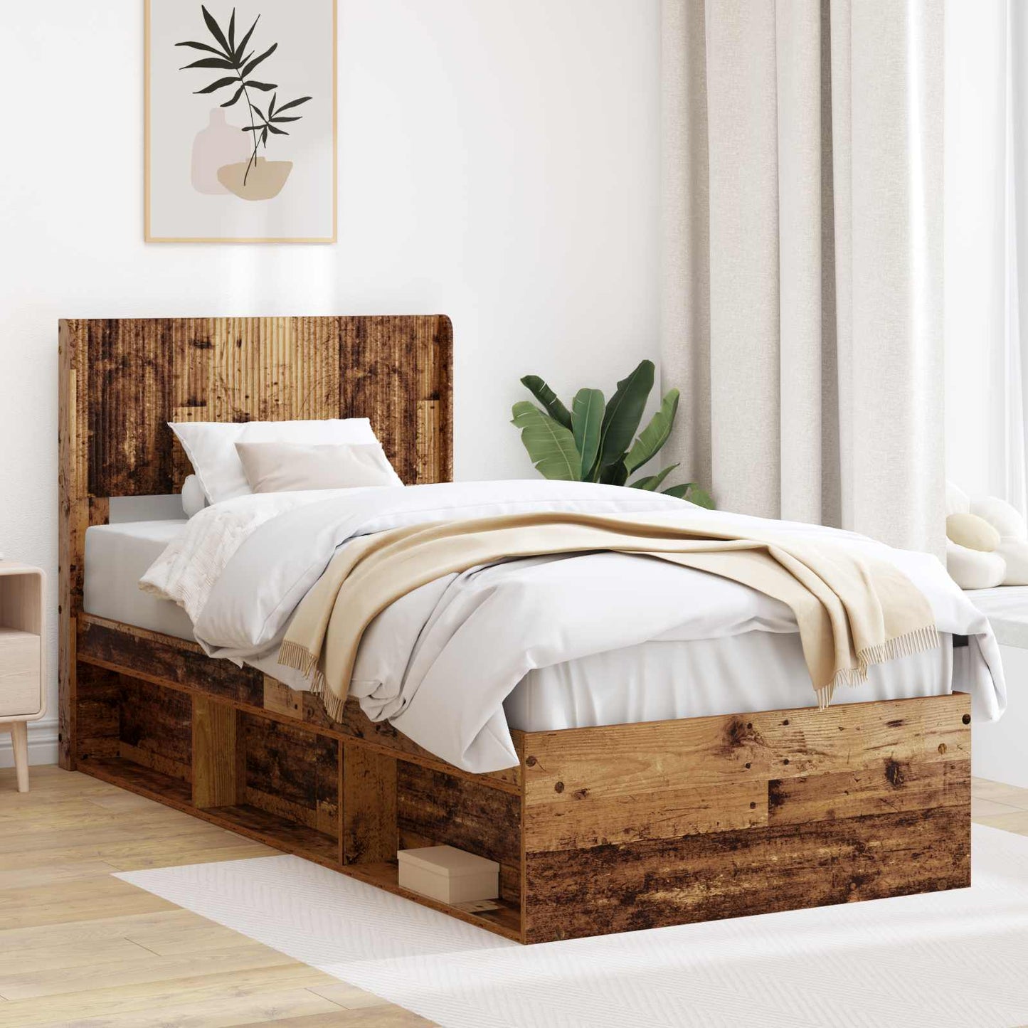 Bed Frame with Storage and Headboard Old Wood 90 x 190 cm
