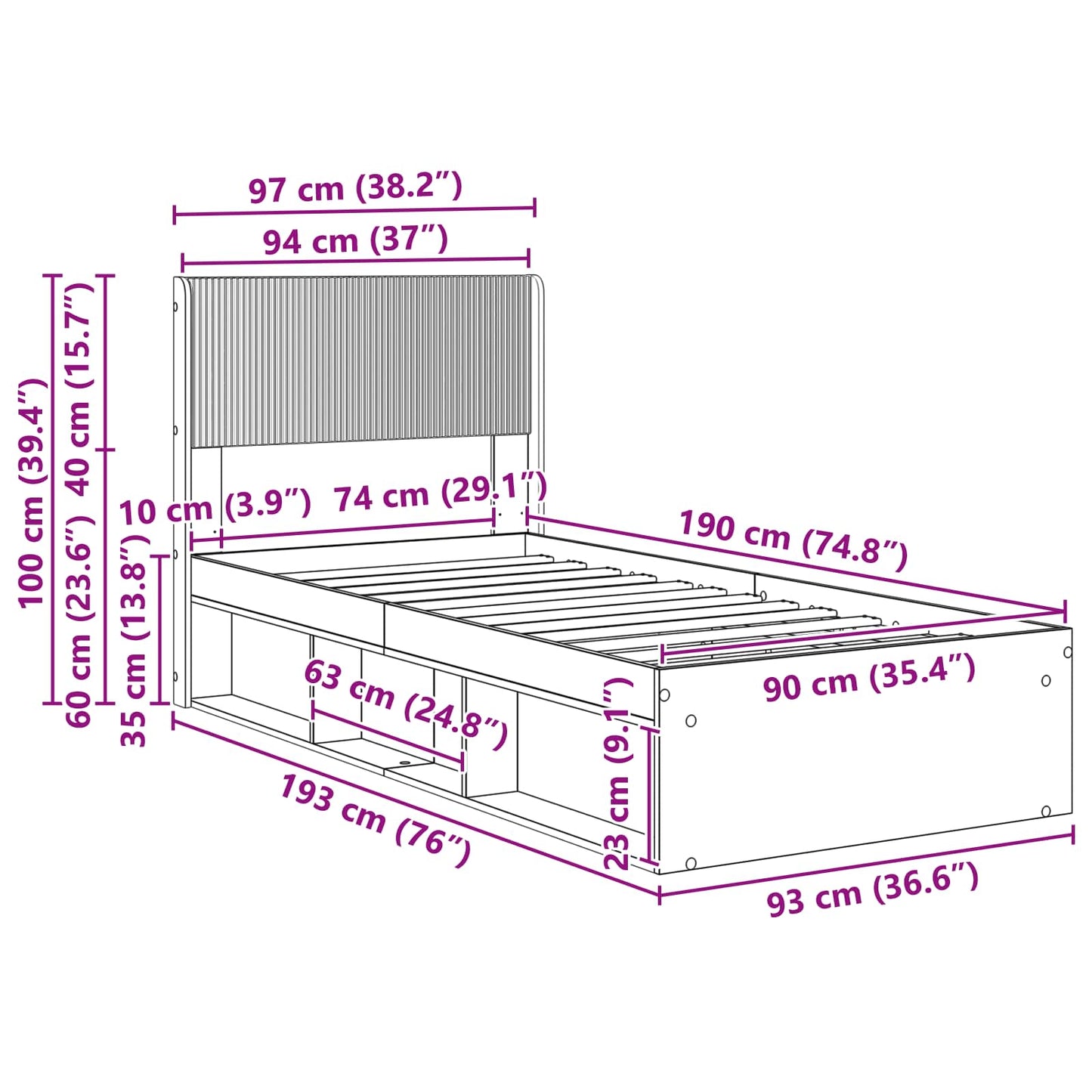Bed Frame with Storage and Headboard Old Wood 90 x 190 cm