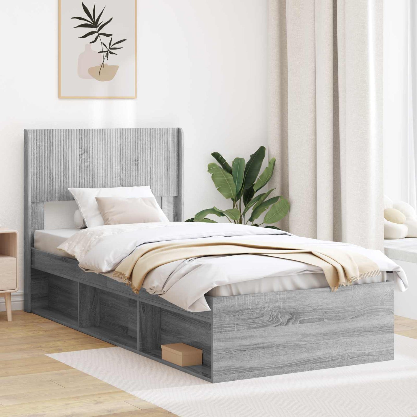 Bed Frame with Storage and Headboard Grey Sonoma 75 x 190 cm