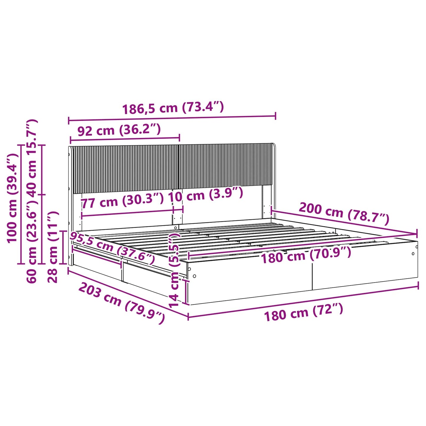 Bed Frame with Storage and Headboard Smoked Oak 180 x 200 cm