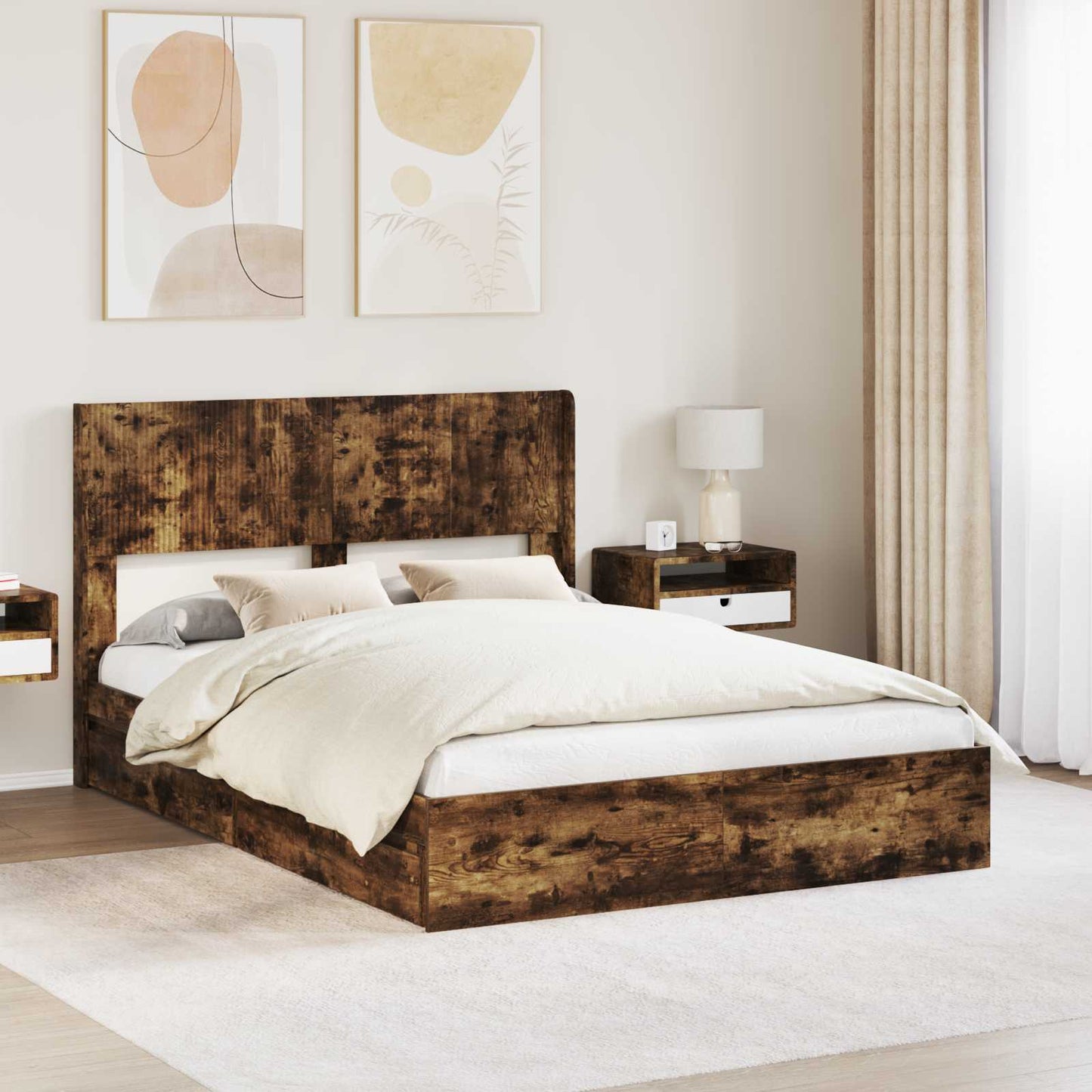 Bed Frame with Storage and Headboard Smoked Oak 160 x 200 cm