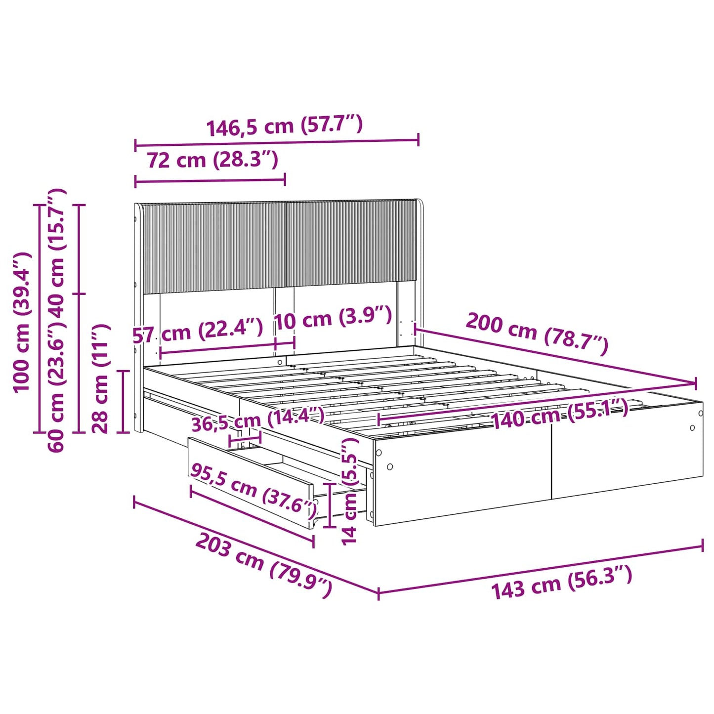 Bed Frame with Storage and Headboard Grey Sonoma 140 x 200 cm