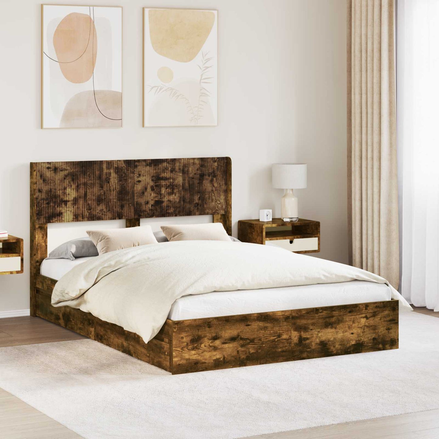 Bed Frame with Storage and Headboard Smoked Oak 135 x 190 cm