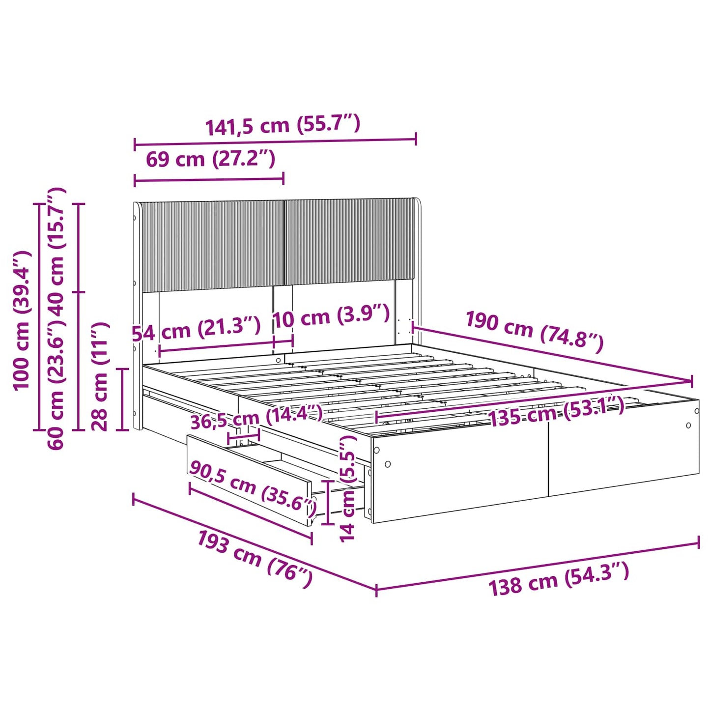 Bed Frame with Storage and Headboard Smoked Oak 135 x 190 cm