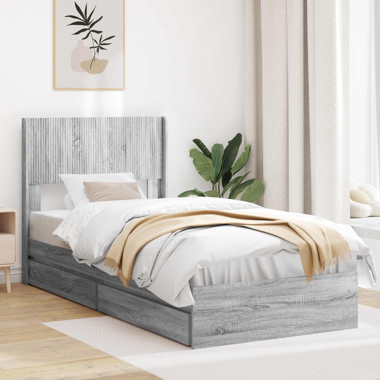 Bed Frame with Storage and Headboard Grey Sonoma 90 x 200 cm