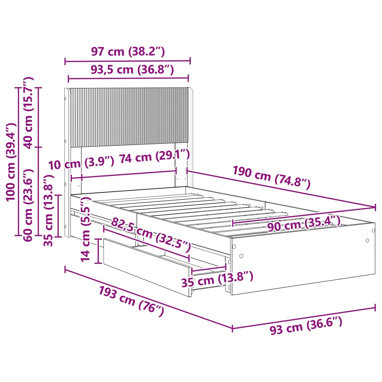 Bed Frame with Storage and Headboard Concrete Grey 90 x 190 cm