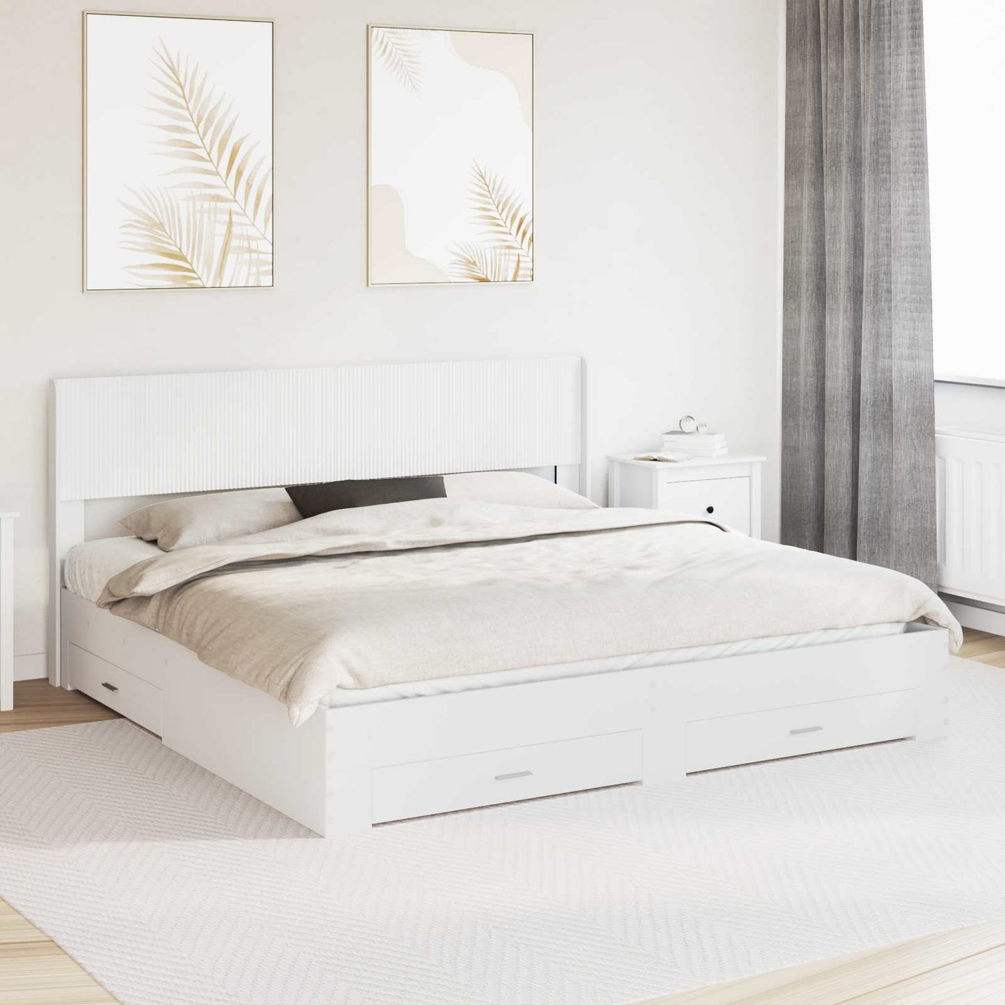 Bed Frame with Storage and Headboard White Engineered Wood