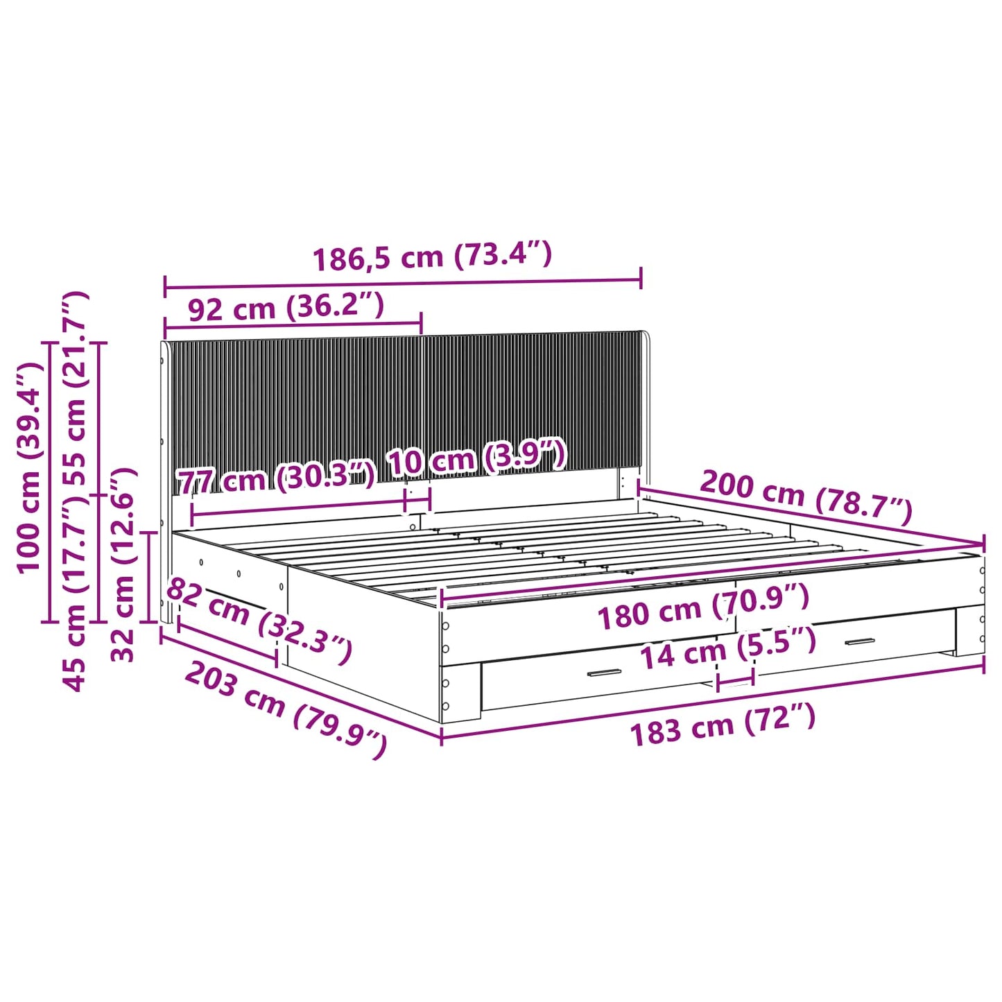 Bed Frame with Storage and Headboard Concrete Grey 180 x 200 cm