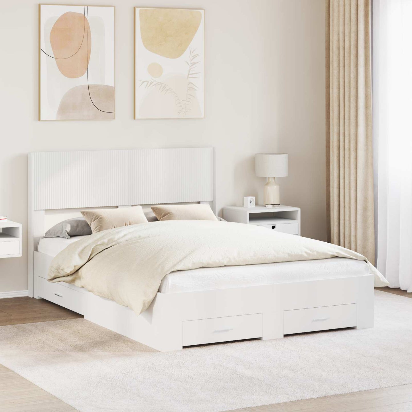 Bed Frame with Storage and Headboard White Engineered Wood