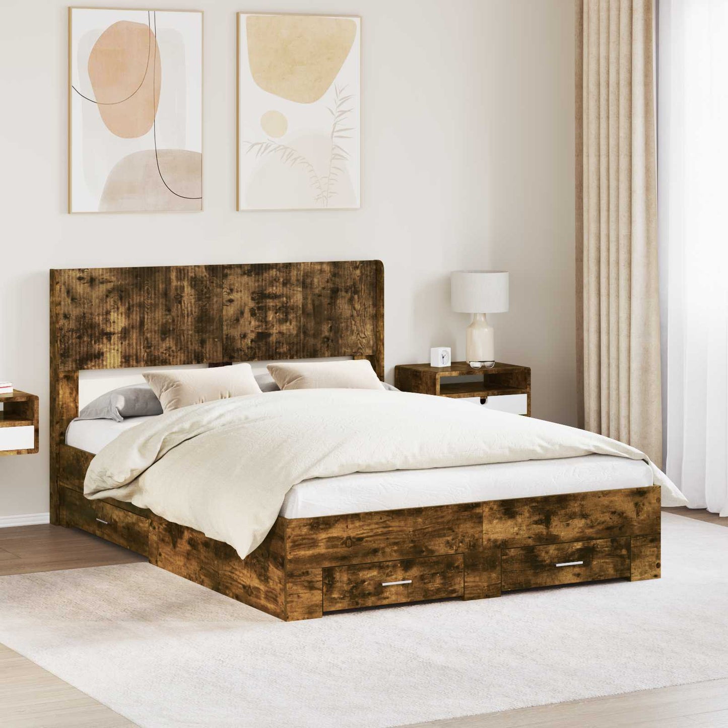 Bed Frame with Storage and Headboard Smoked Oak 140 x 190 cm