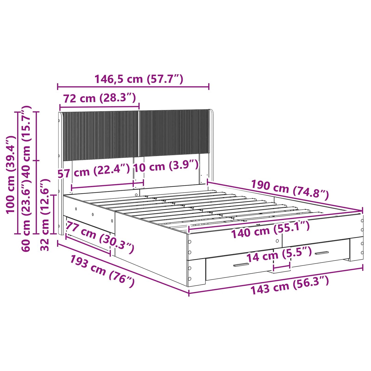 Bed Frame with Storage and Headboard Smoked Oak 140 x 190 cm