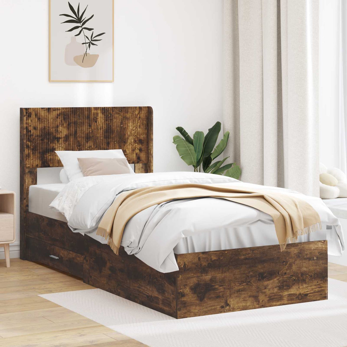 Bed Frame with Storage and Headboard Smoked Oak 100 x 200 cm