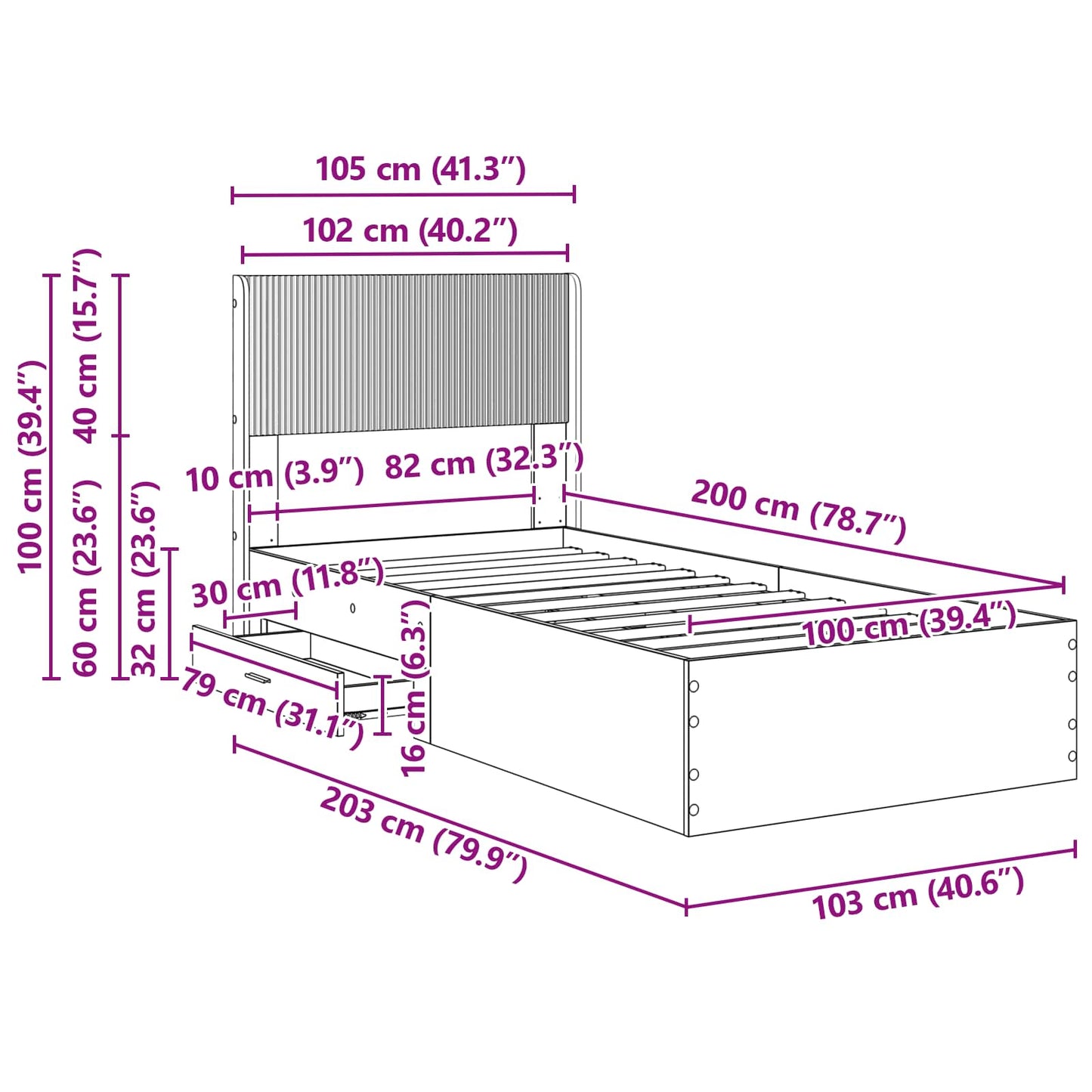 Bed Frame with Storage and Headboard Grey Sonoma 100 x 200 cm