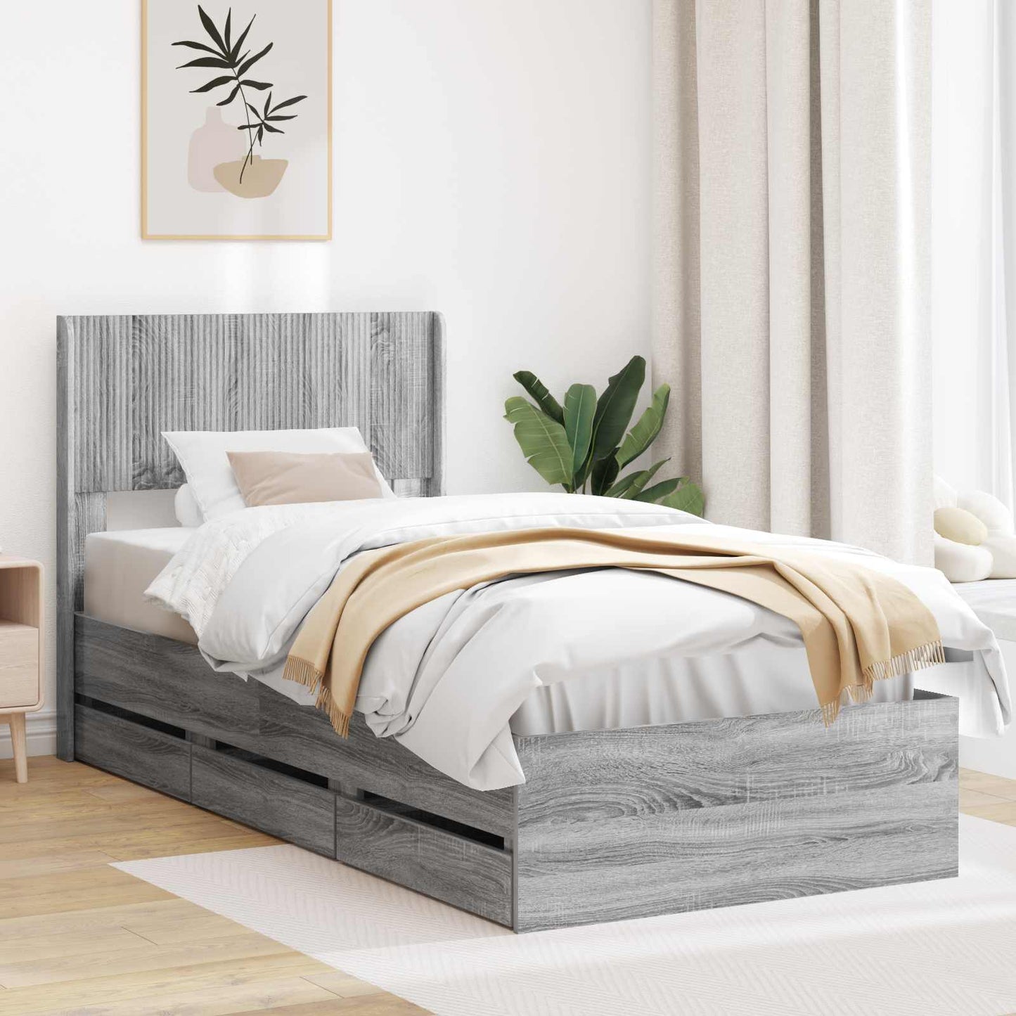 Bed Frame with Storage and Headboard Grey Sonoma 90 x 200 cm