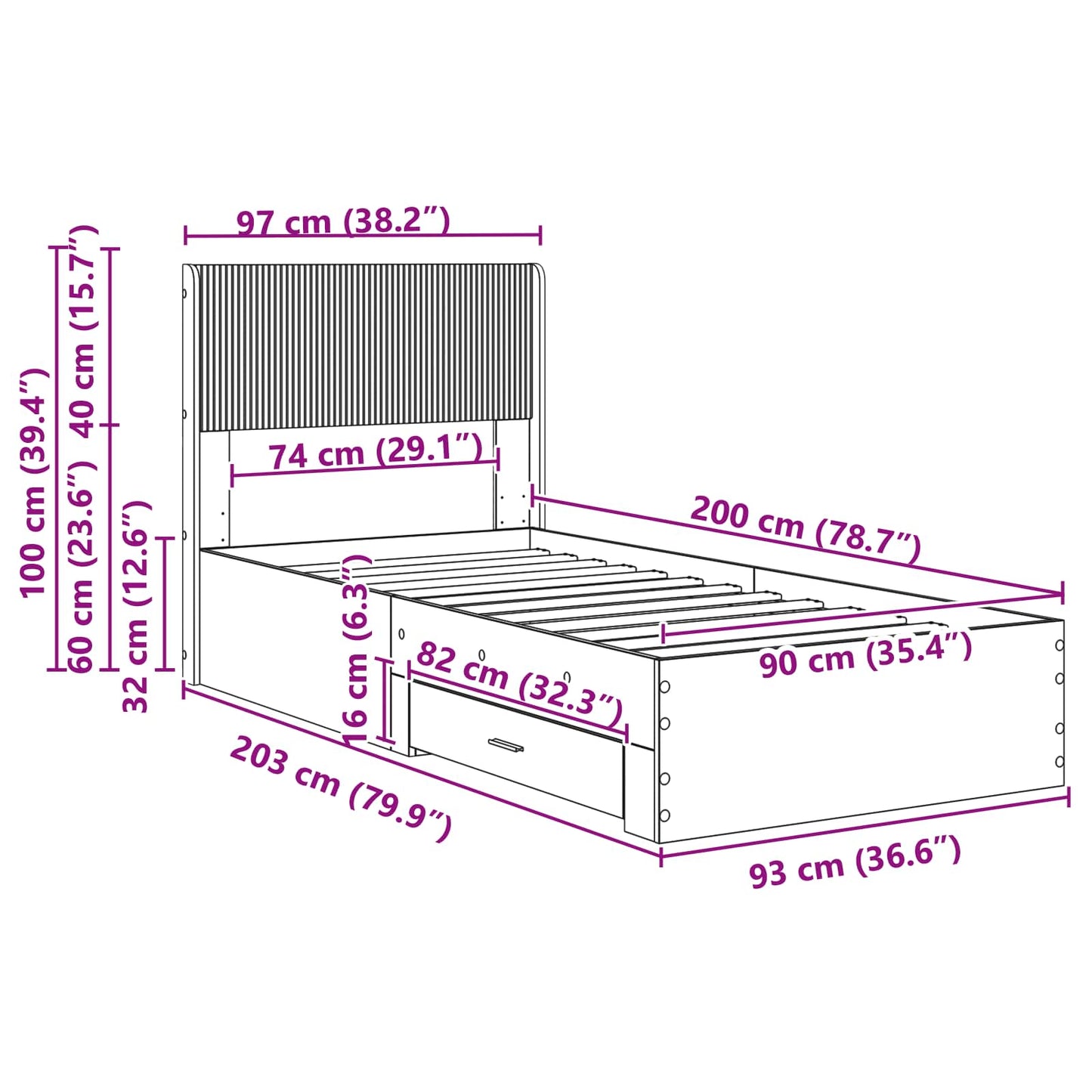 Bed Frame with Storage and Headboard Old Wood 90 x 200 cm
