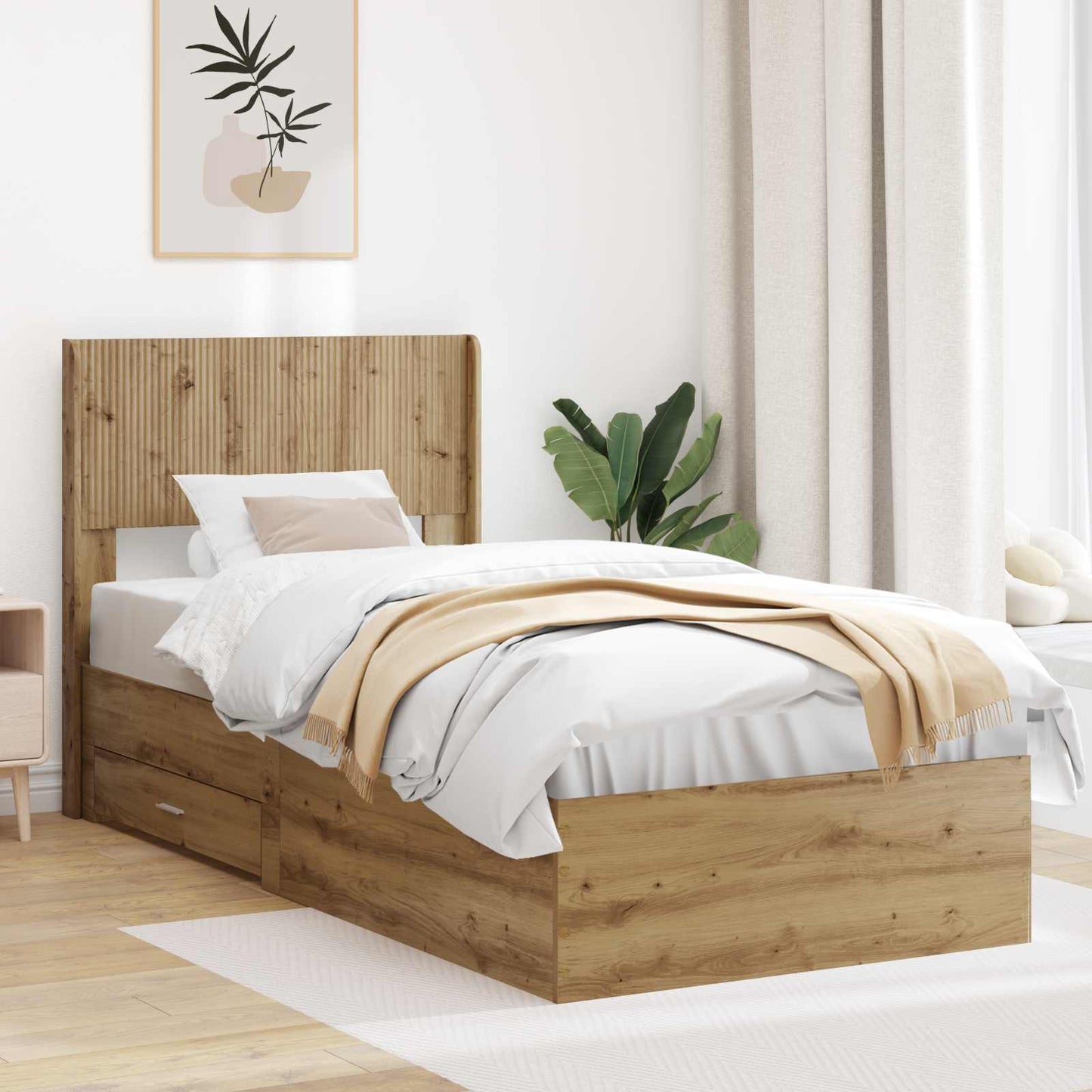 Bed Frame with Storage and Headboard Artisan Oak 90 x 190 cm