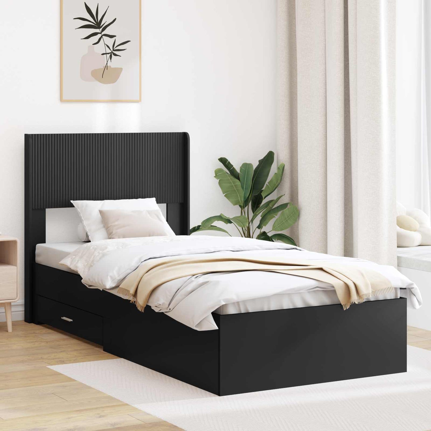 Bed Frame with Storage and Headboard Black 75 x 190 cm