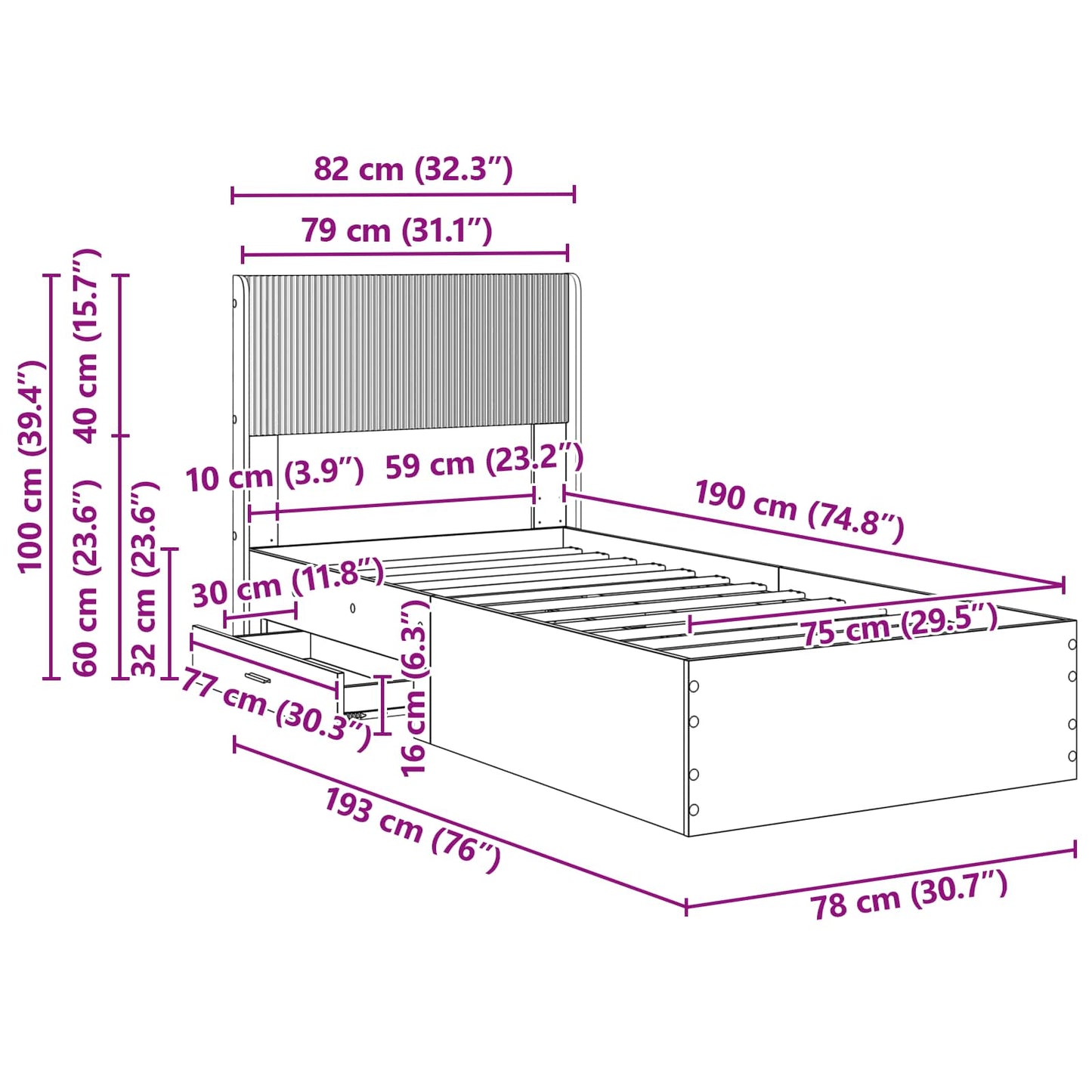 Bed Frame with Storage and Headboard Black 75 x 190 cm