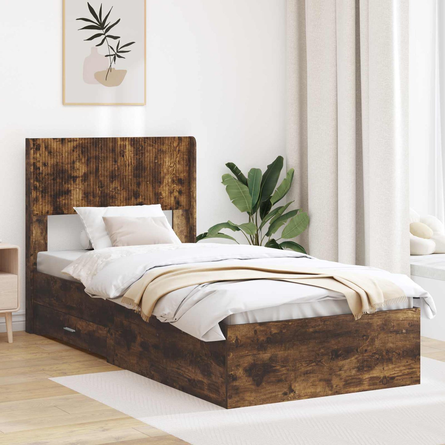 Bed Frame with Storage and Headboard Smoked Oak 75 x 190 cm