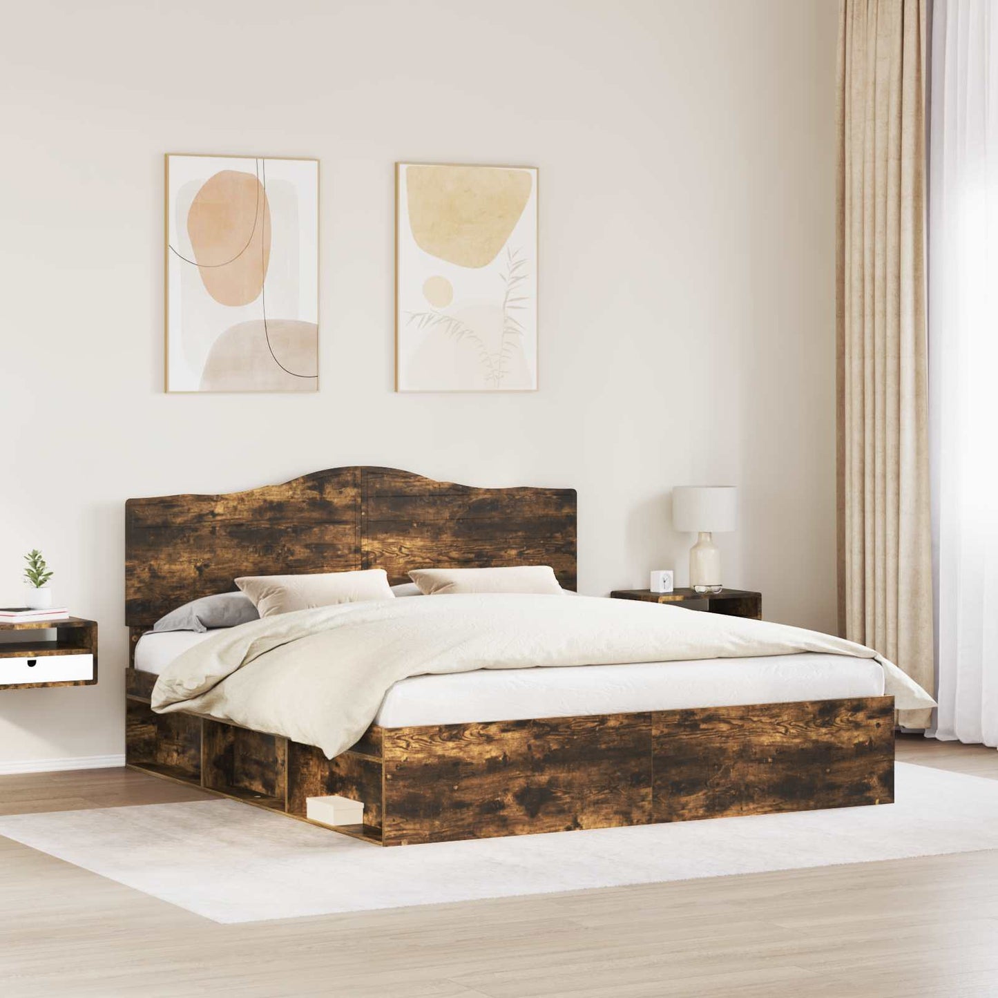 Bed Frame Smoked Oak 200 x 200 cm Solid Pine Wood