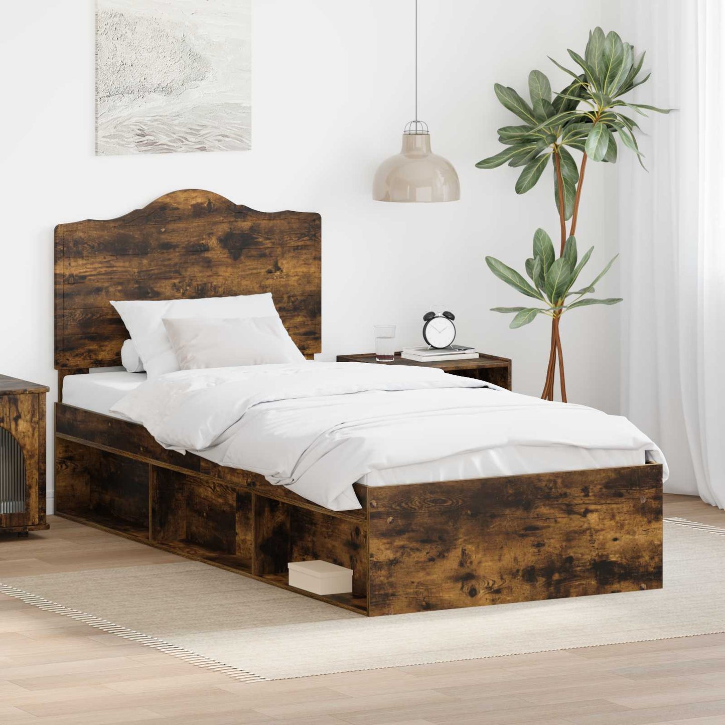 Bed Frame with Headboard Smoked Oak 90 x 190 cm Solid Pine Wood
