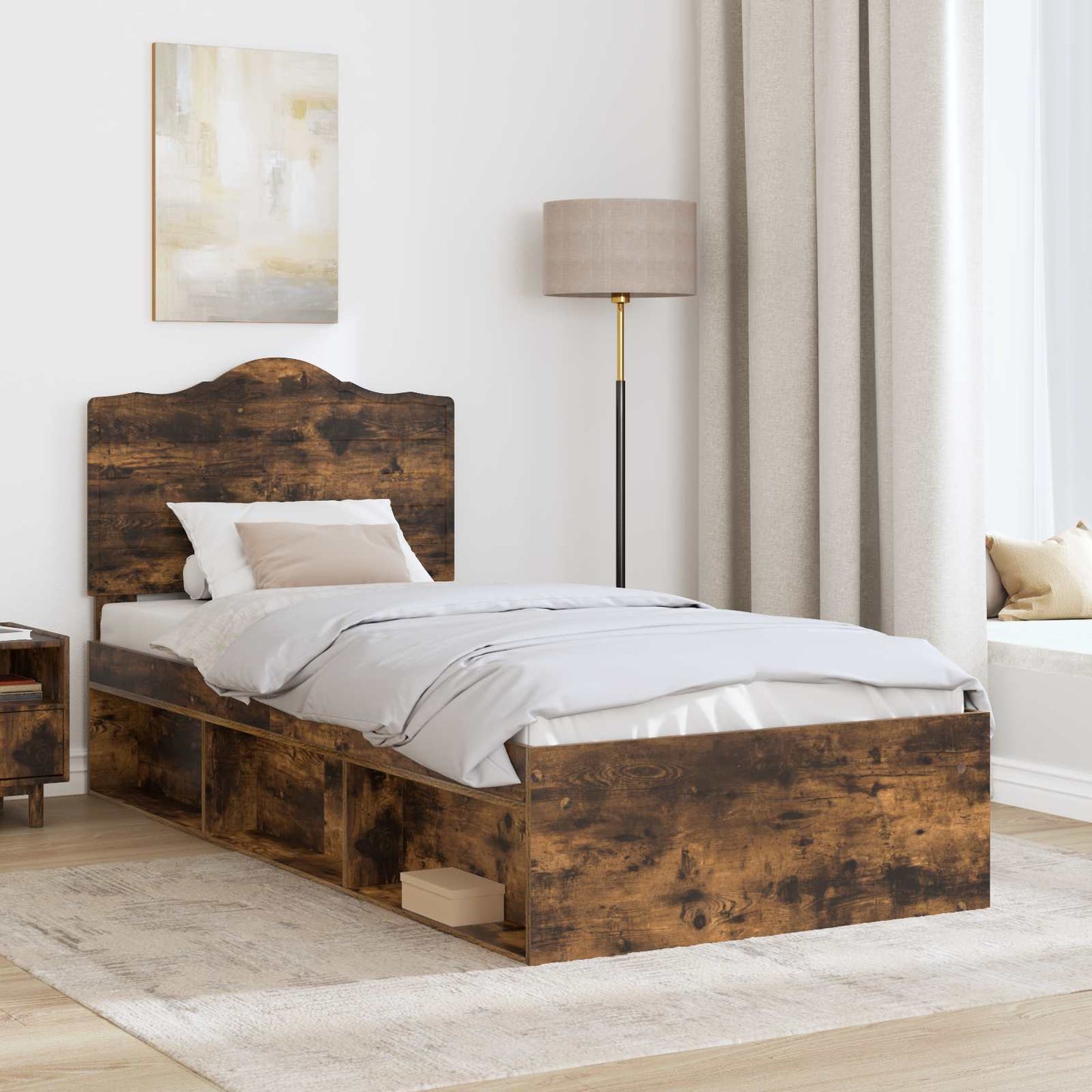 Bed Frame with Headboard Smoked Oak 75 x 190 cm Solid Pine Wood