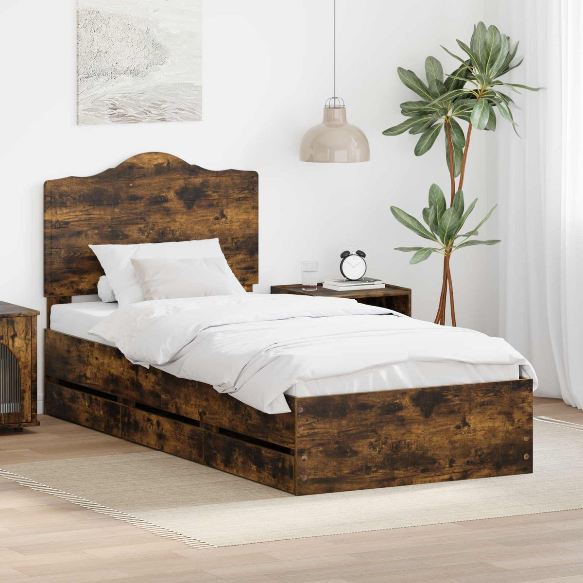 Bed Frame with Drawer Smoked Oak 100 x 200 cm Engineer Wood