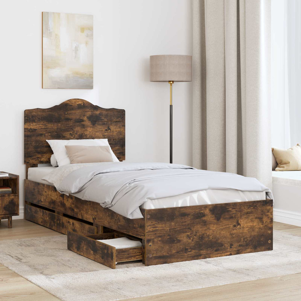 Bed Frame with Drawer Smoked Oak 90 x 190 cm Engineer Wood