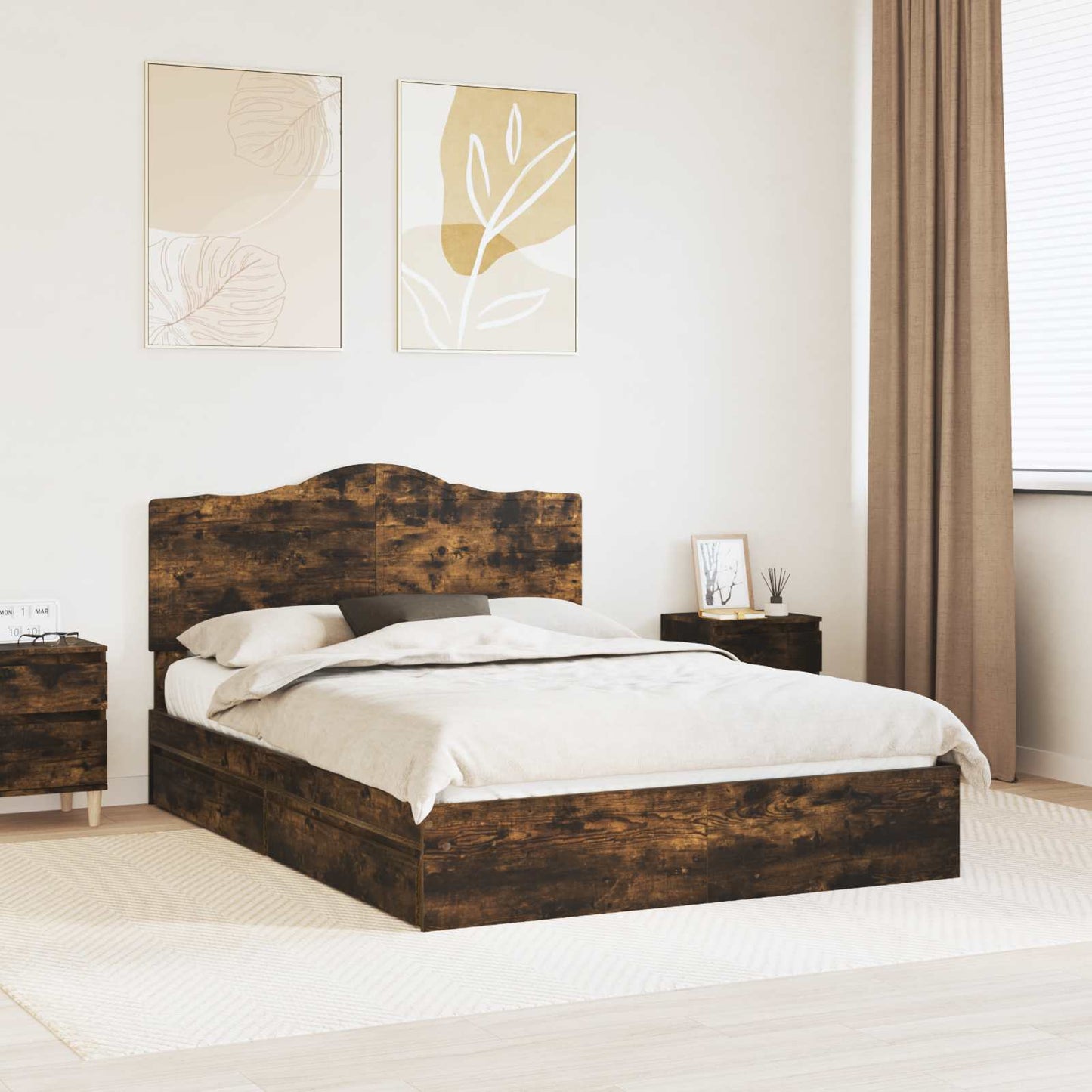 Storage Bed with Drawer Smoked Oak 160 x 200 cm Engineered Wood