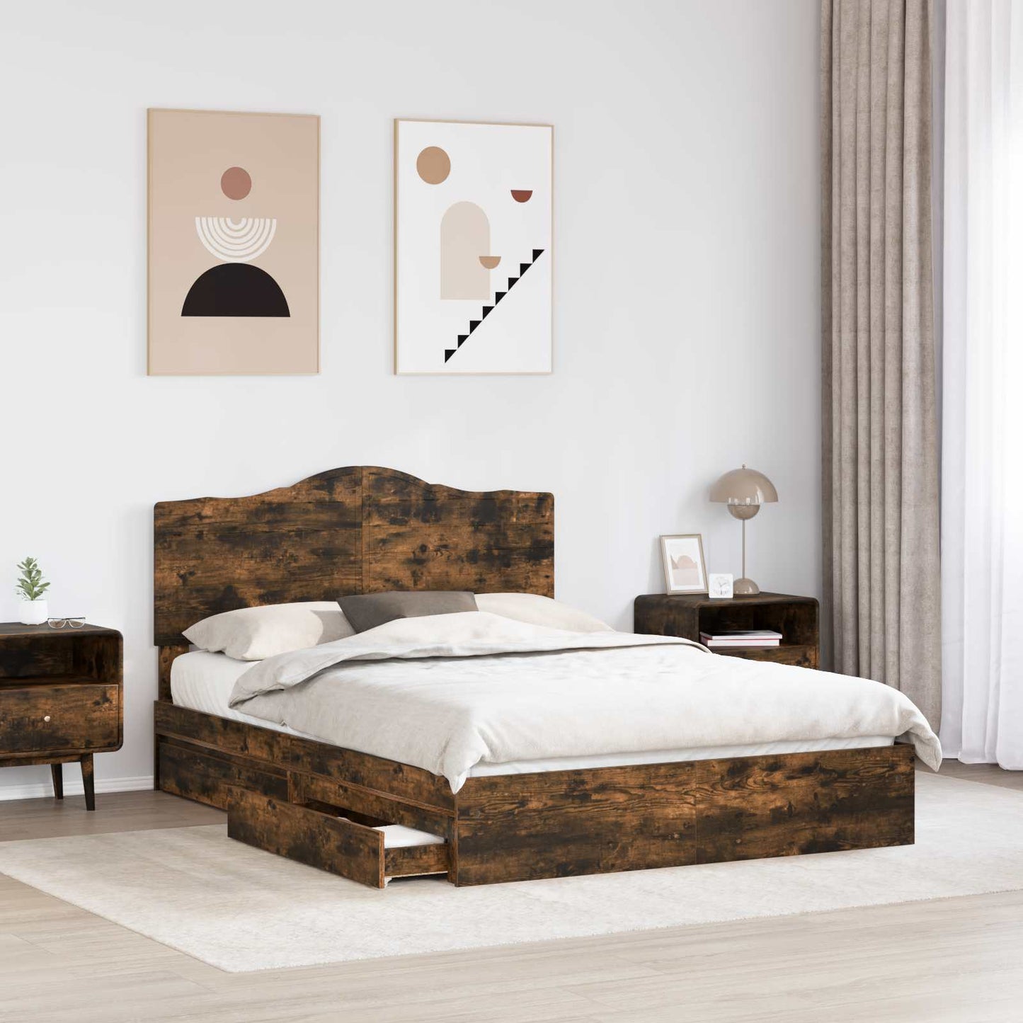 Storage Bed with Drawer Smoked Oak 160 x 200 cm Engineered Wood