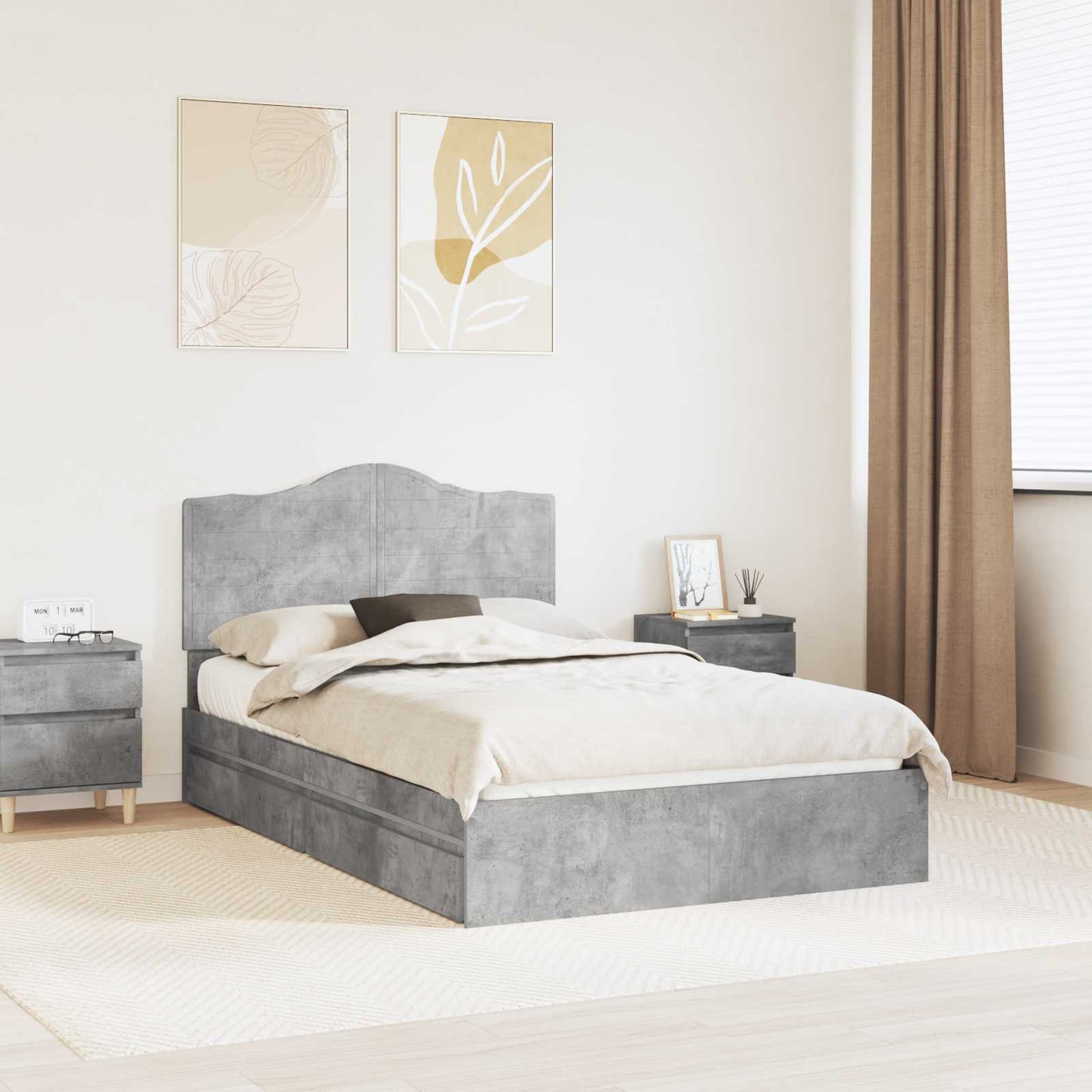 Storage Bed Concrete Grey 135 x 190 cm Engineered Wood