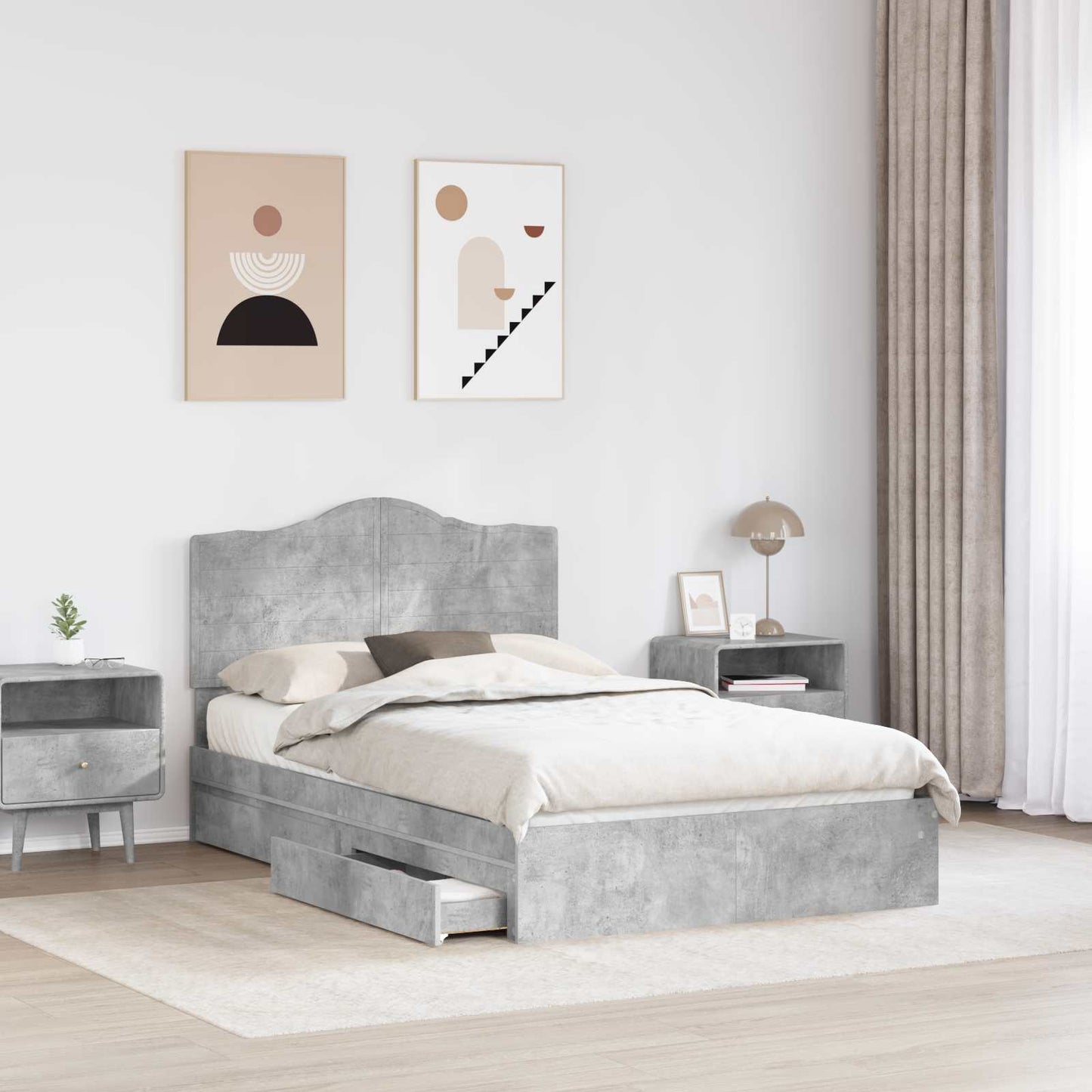 Storage Bed Concrete Grey 135 x 190 cm Engineered Wood
