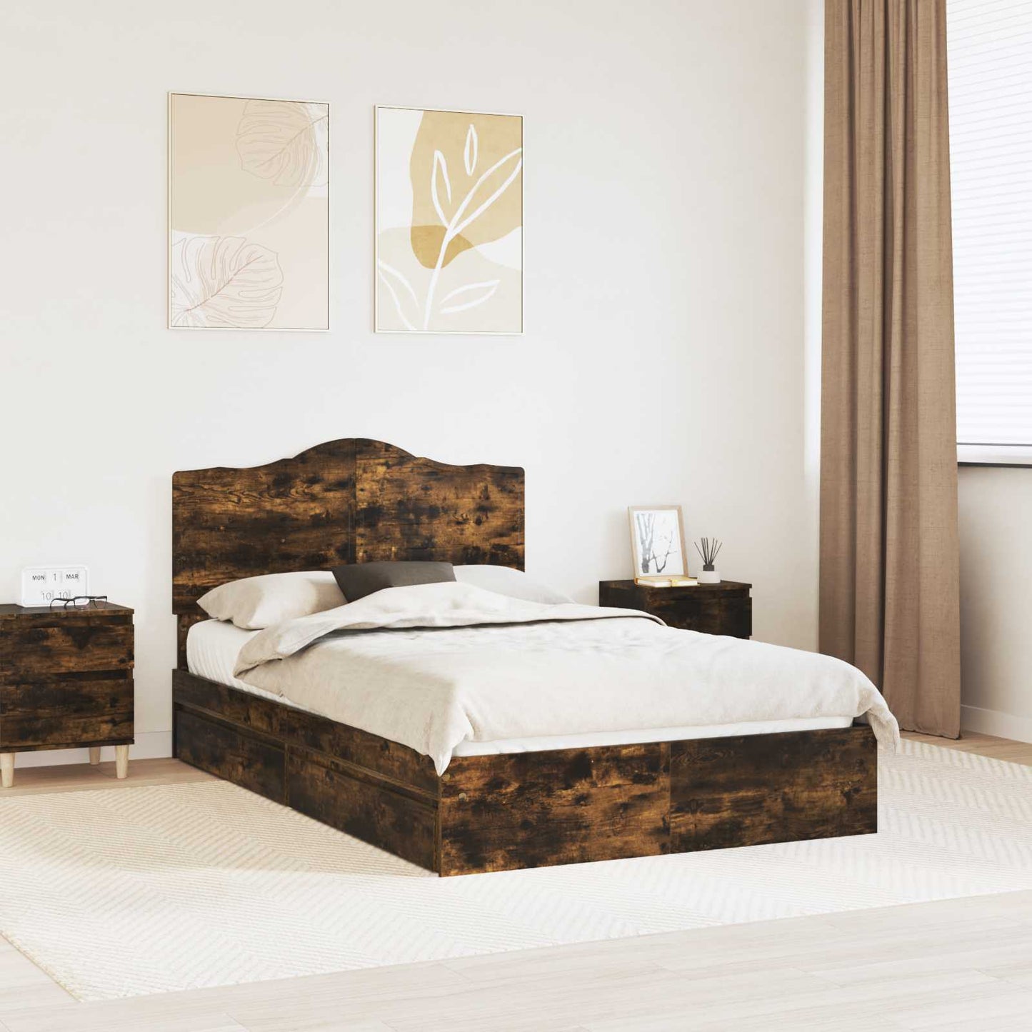 Storage Bed with Drawer Smoked Oak 135 x 190 cm Engineered Wood
