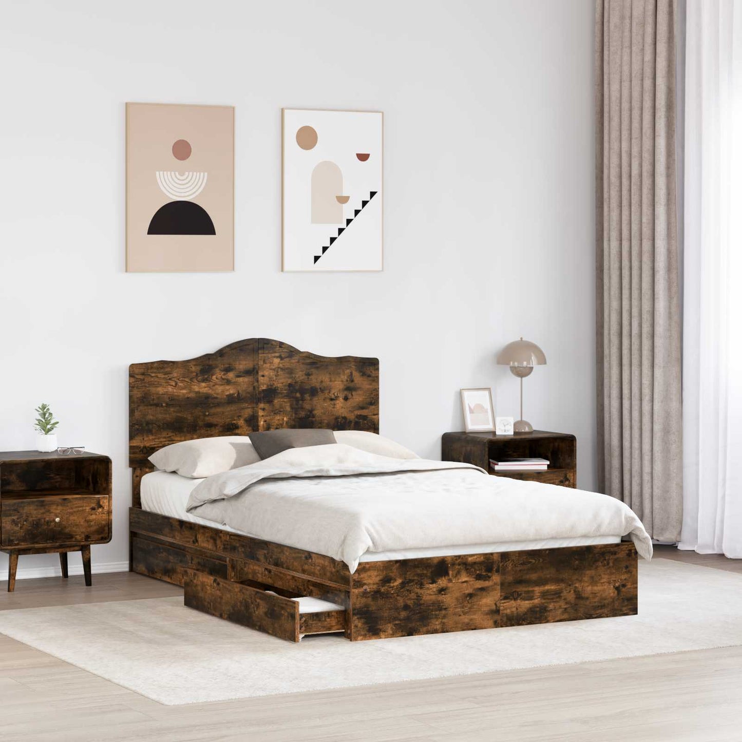 Storage Bed with Drawer Smoked Oak 135 x 190 cm Engineered Wood